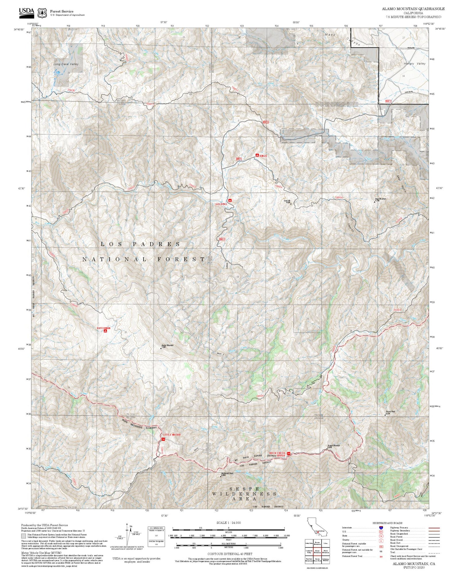 2025 Forest Service Topo Map of Alamo Mountain California