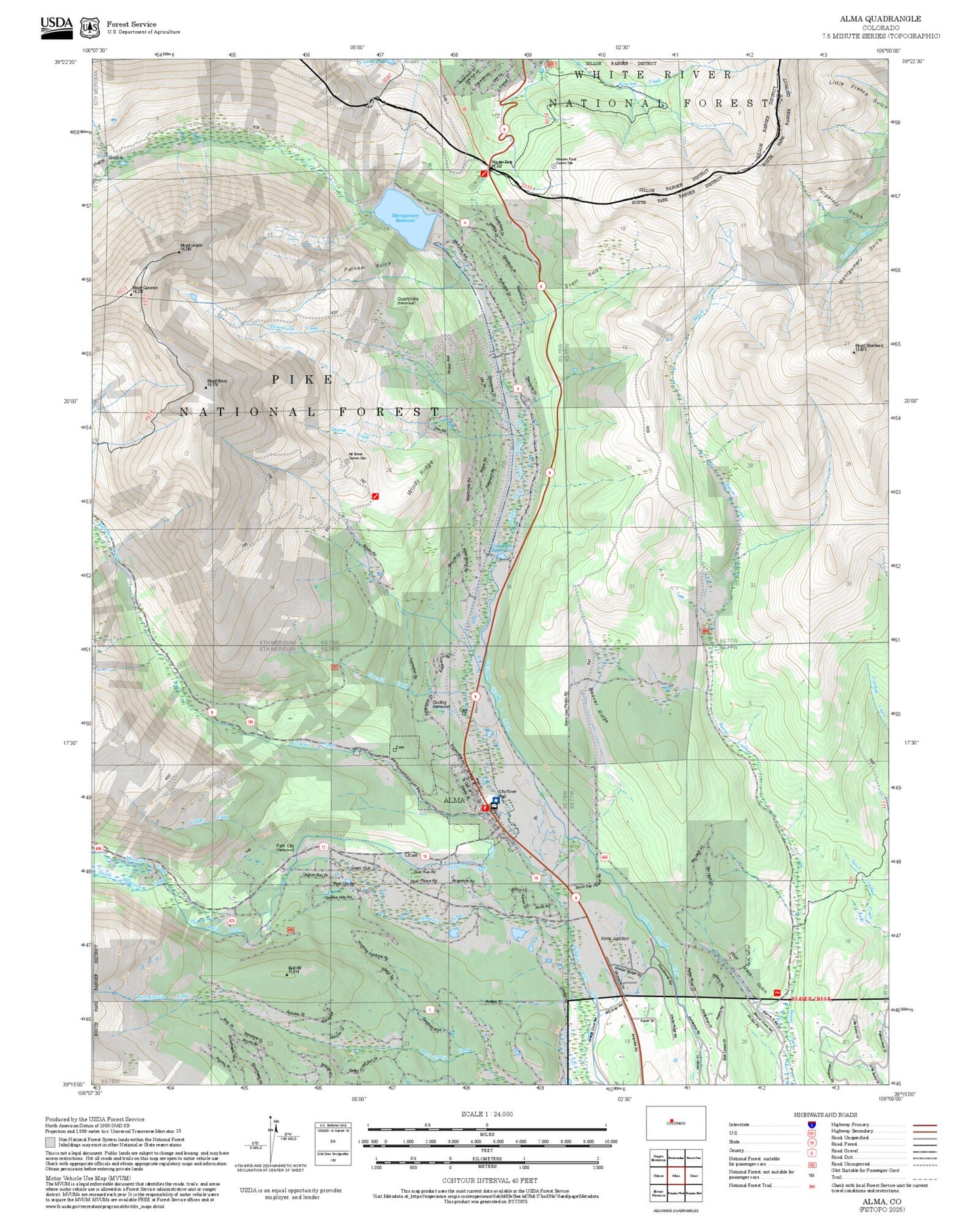 2025 Forest Service Topo Map of Alma Colorado