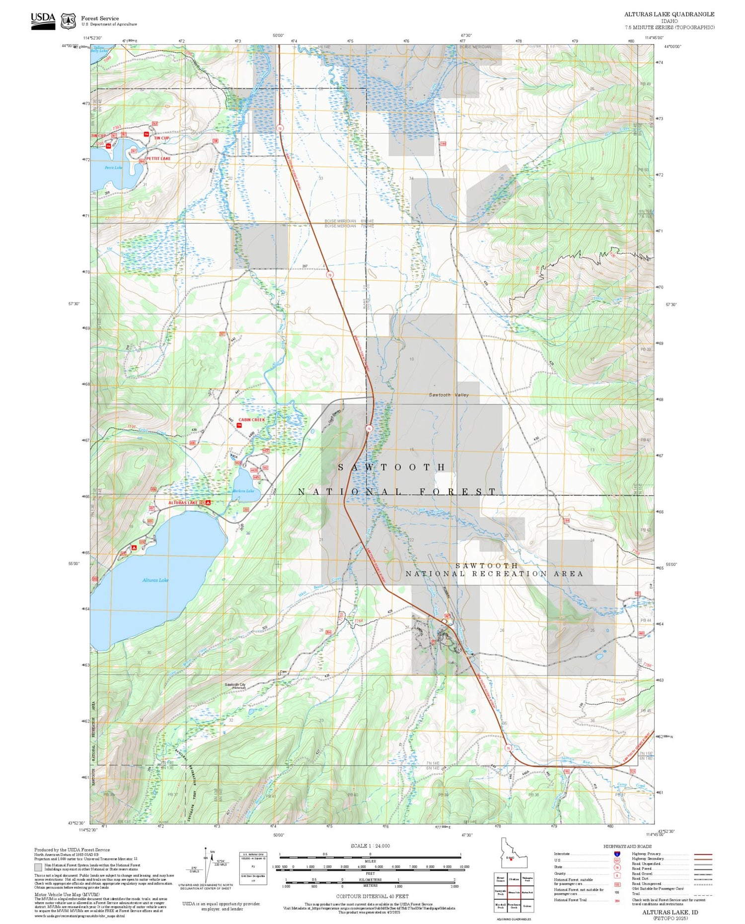 2025 Forest Service Topo Map of Alturas Lake Idaho