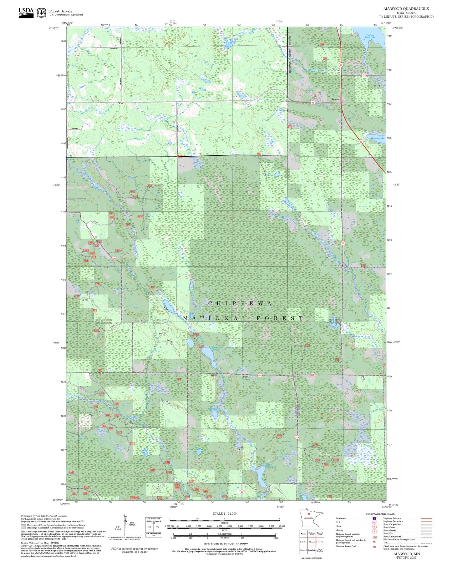 2025 Forest Service Topo Map of Alvwood Minnesota