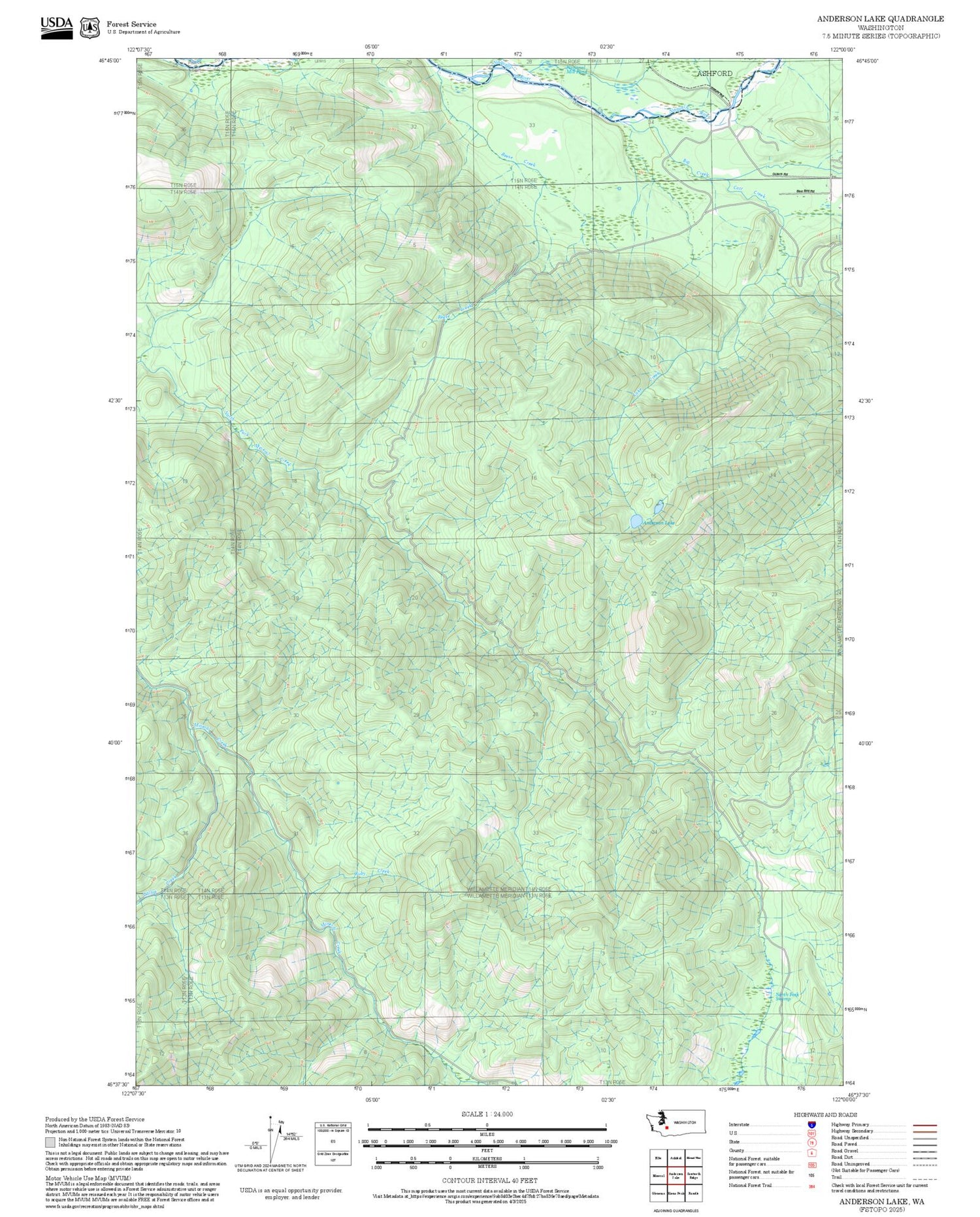 2025 Forest Service Topo Map of Anderson Lake Washington