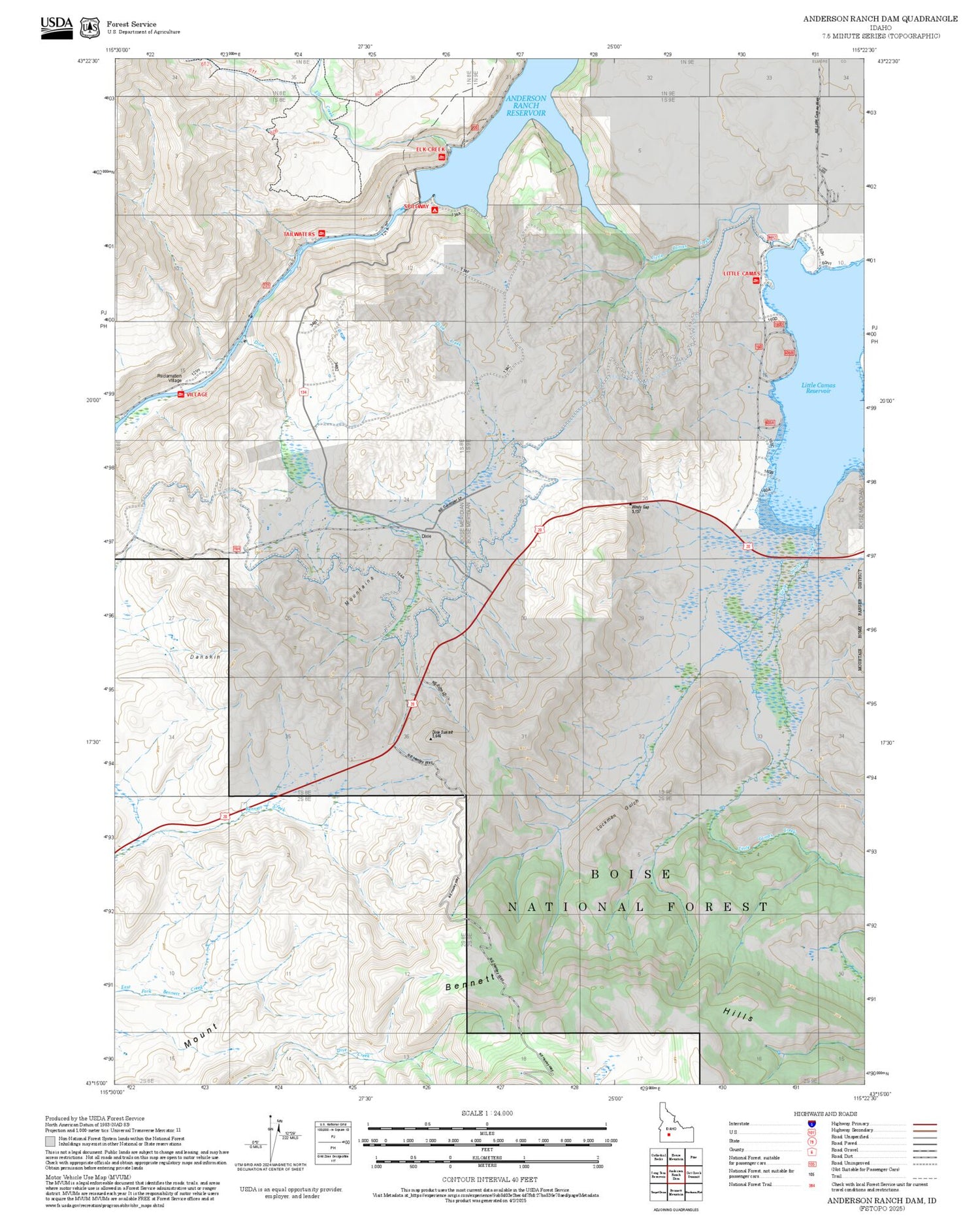 2025 Forest Service Topo Map of Anderson Ranch Dam Idaho