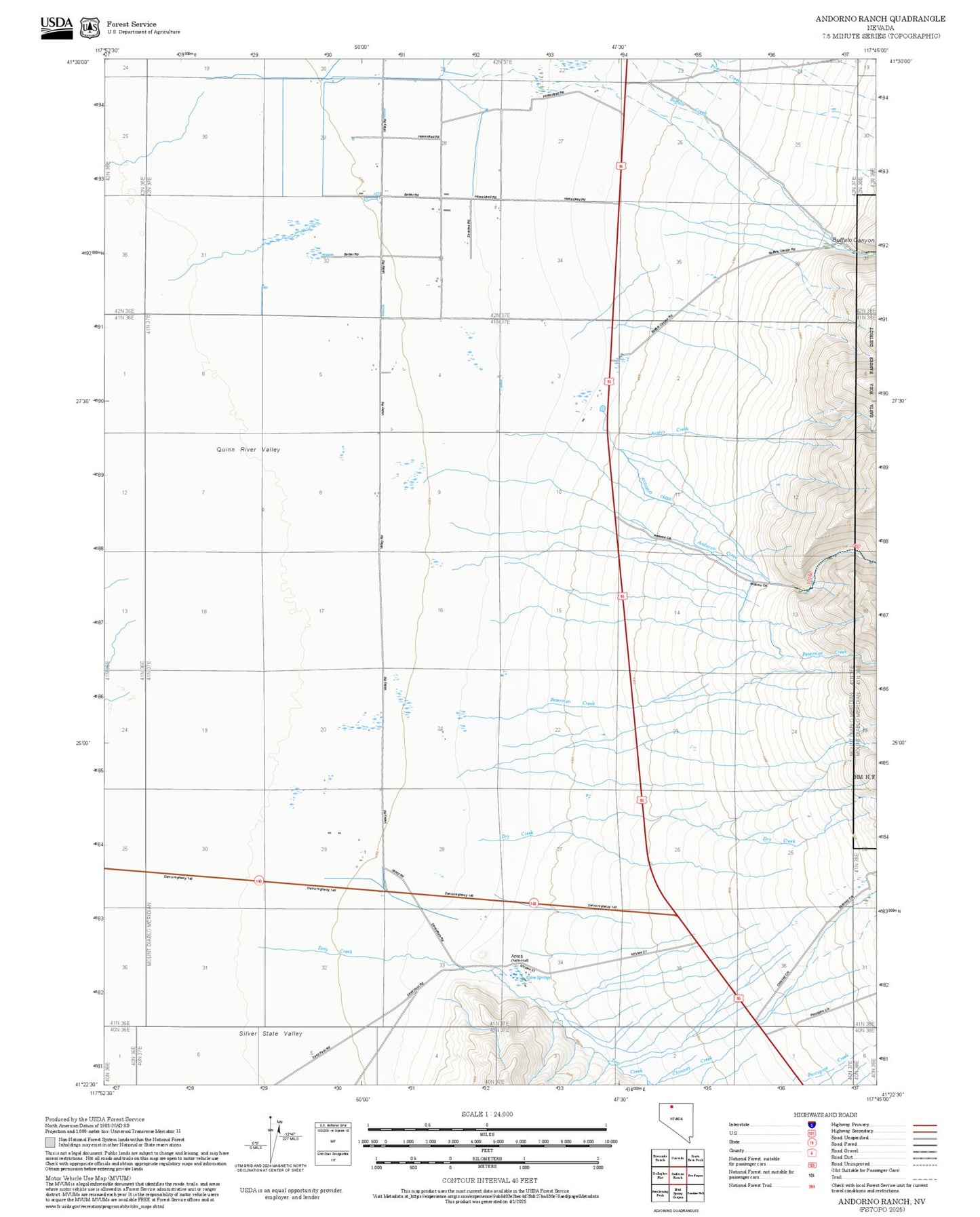 2025 Forest Service Topo Map of Andorno Ranch Nevada