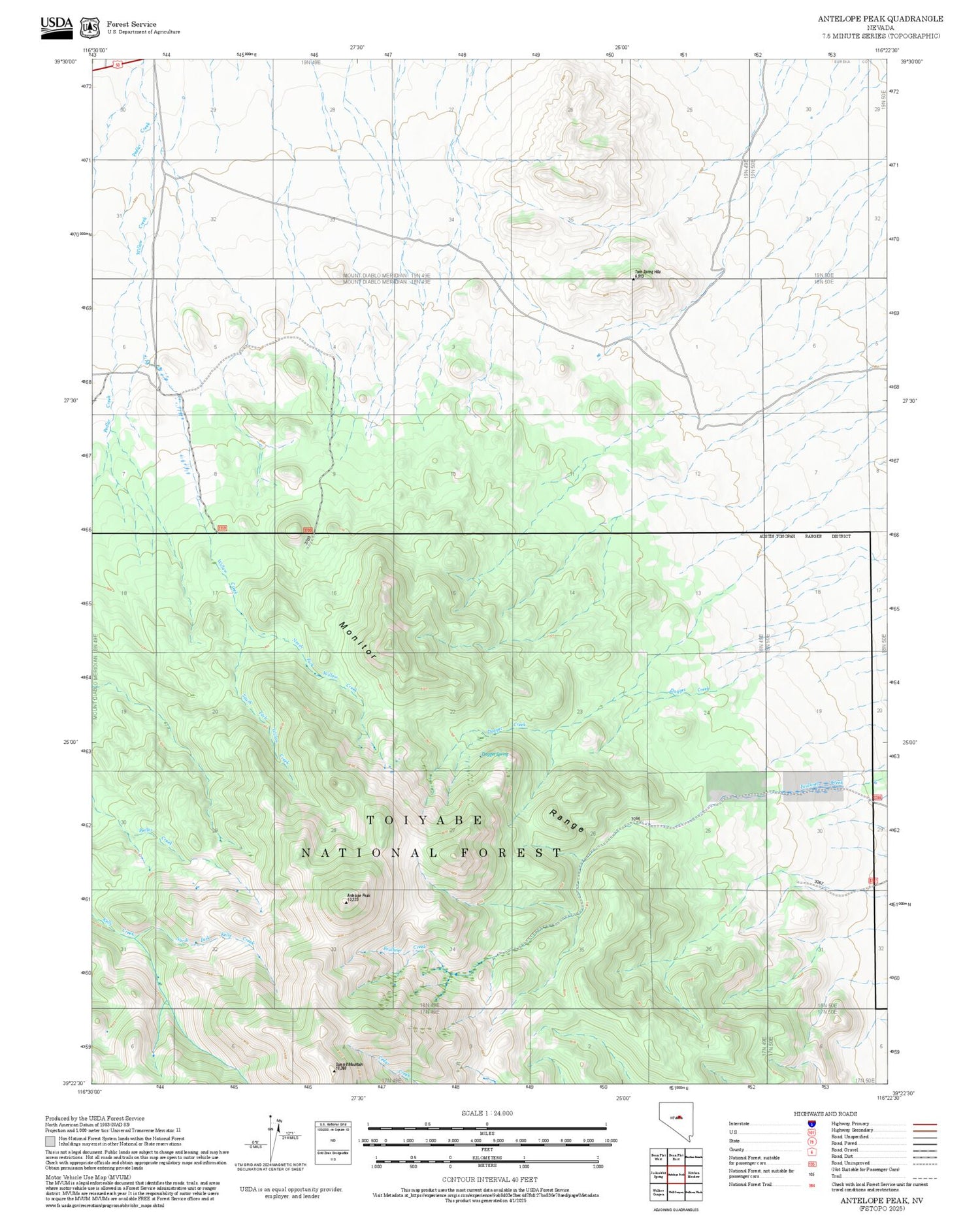 2025 Forest Service Topo Map of Antelope Peak Nevada