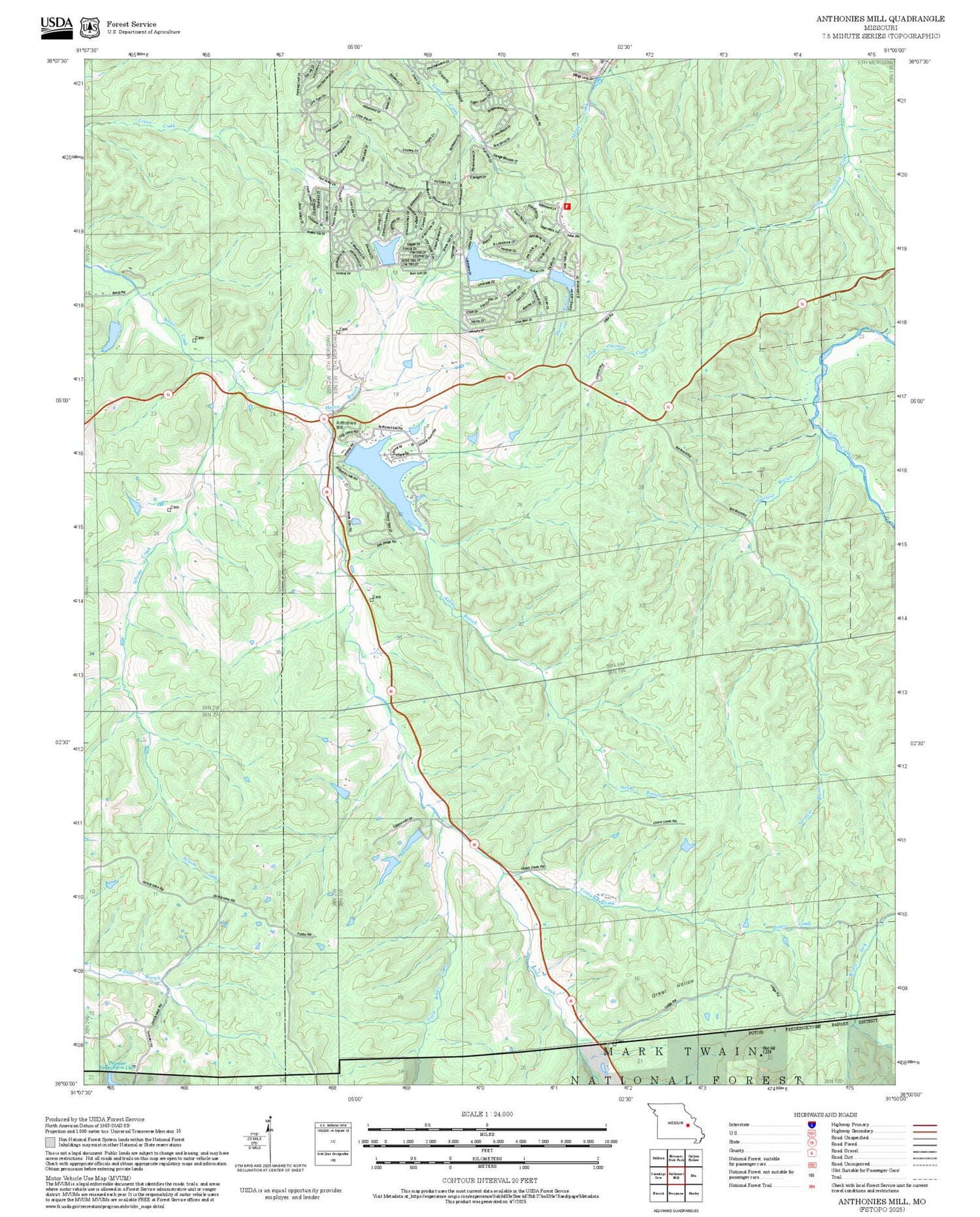 2025 Forest Service Topo Map of Anthonies Mill Missouri