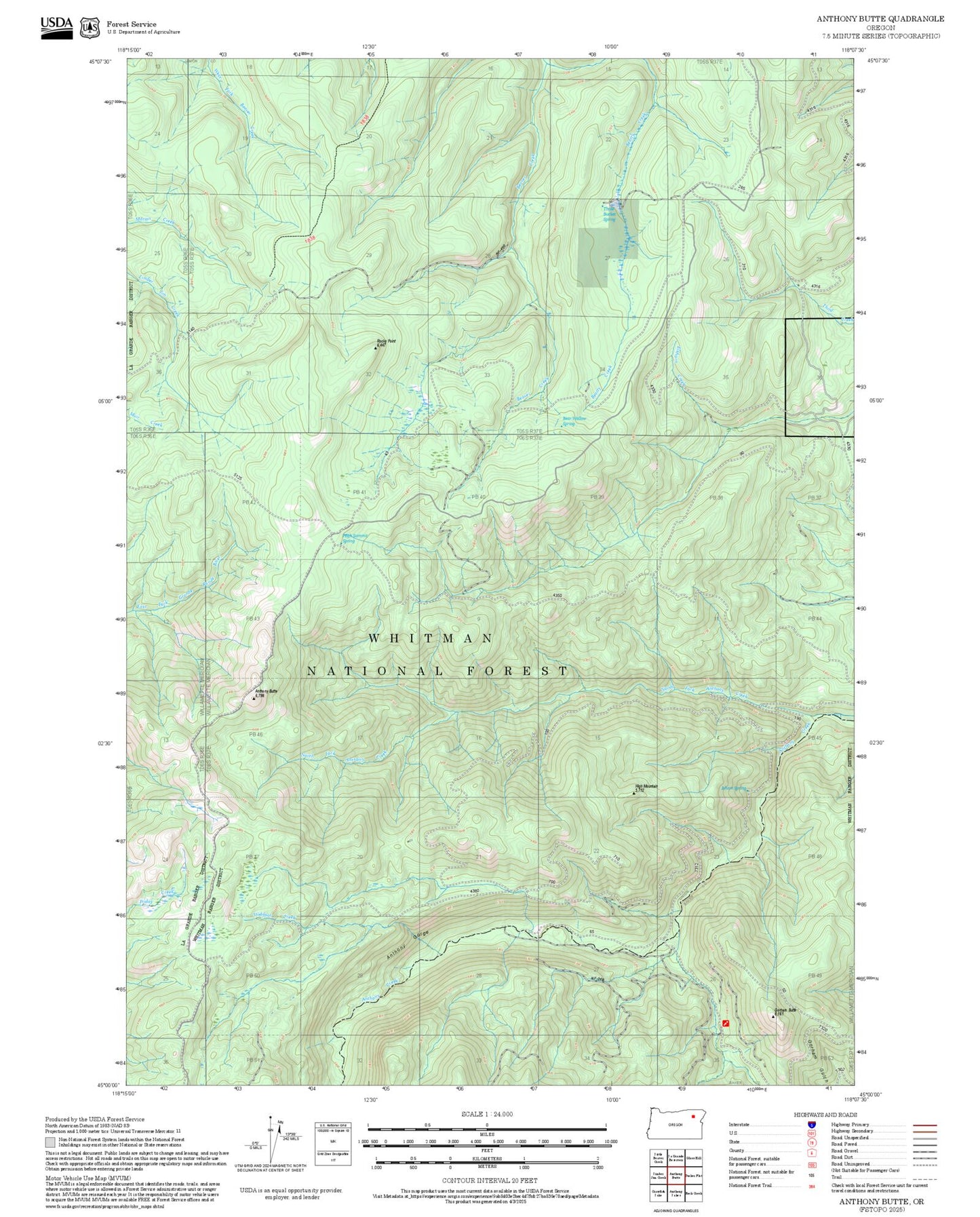 2025 Forest Service Topo Map of Anthony Butte Oregon