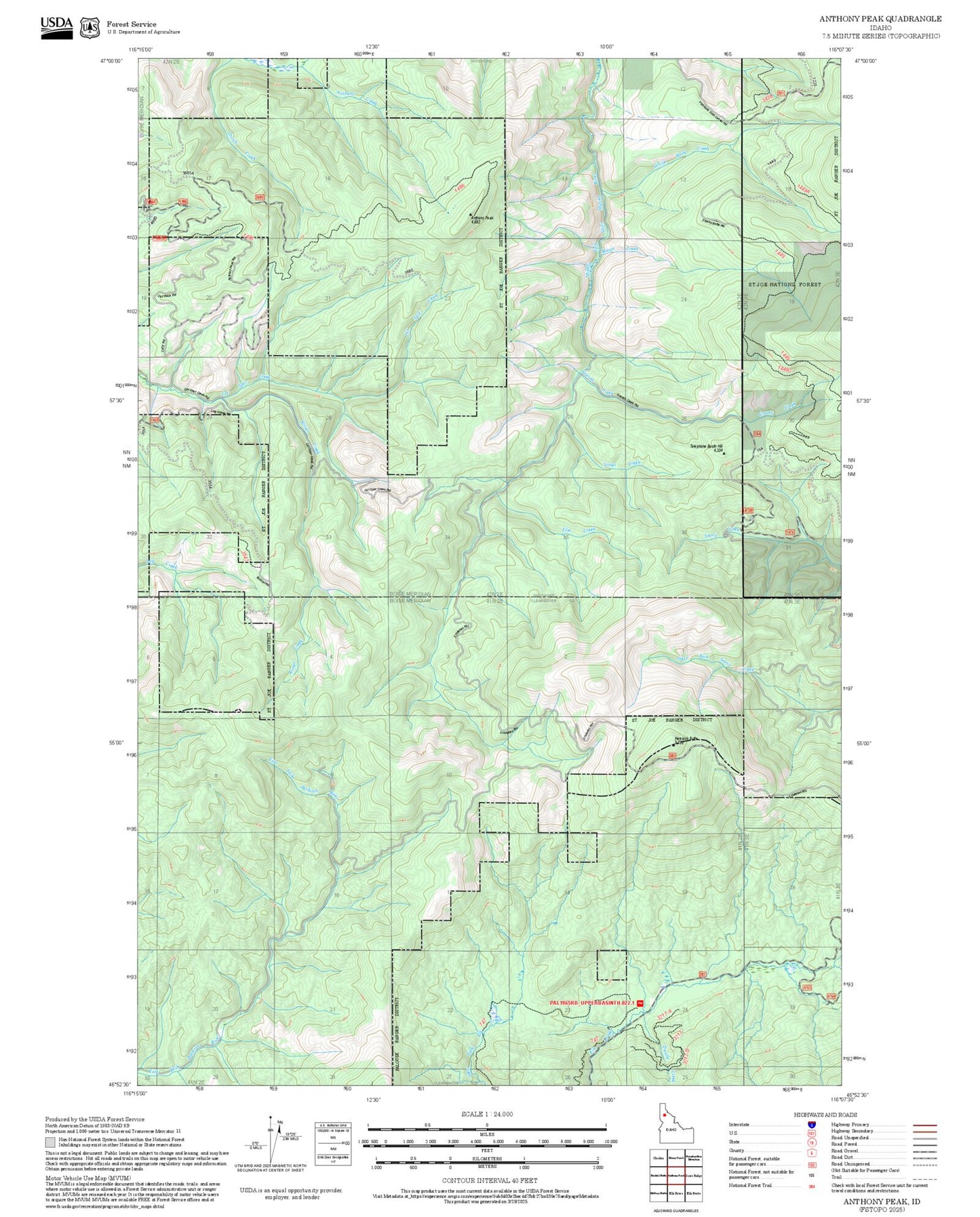2025 Forest Service Topo Map of Anthony Peak Idaho