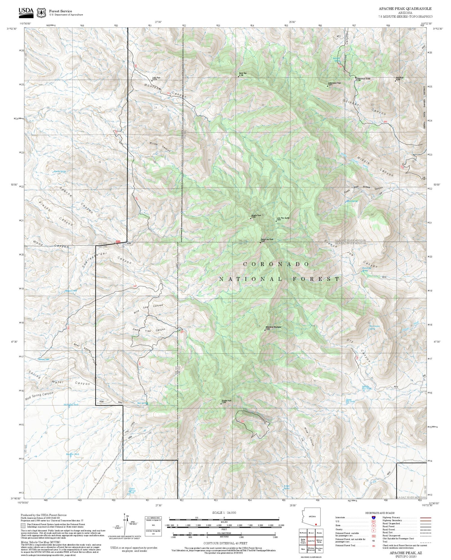 2025 Forest Service Topo Map of Apache Peak Arizona