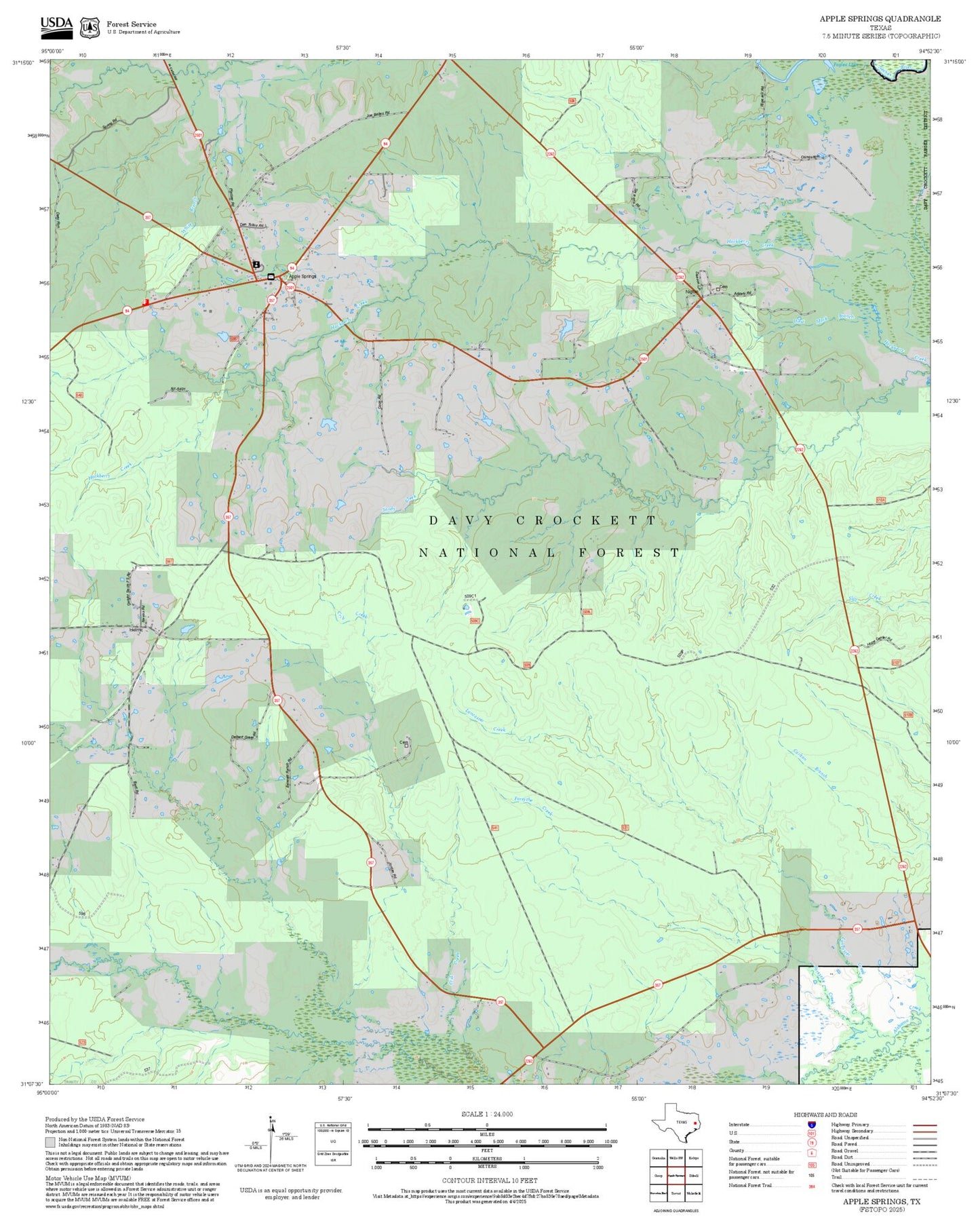 2025 Forest Service Topo Map of Apple Springs Texas