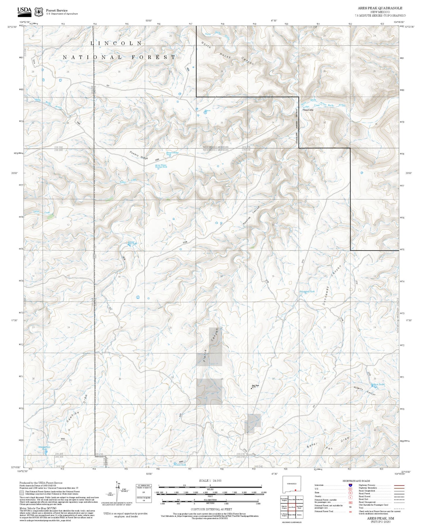 2025 Forest Service Topo Map of Ares Peak New Mexico