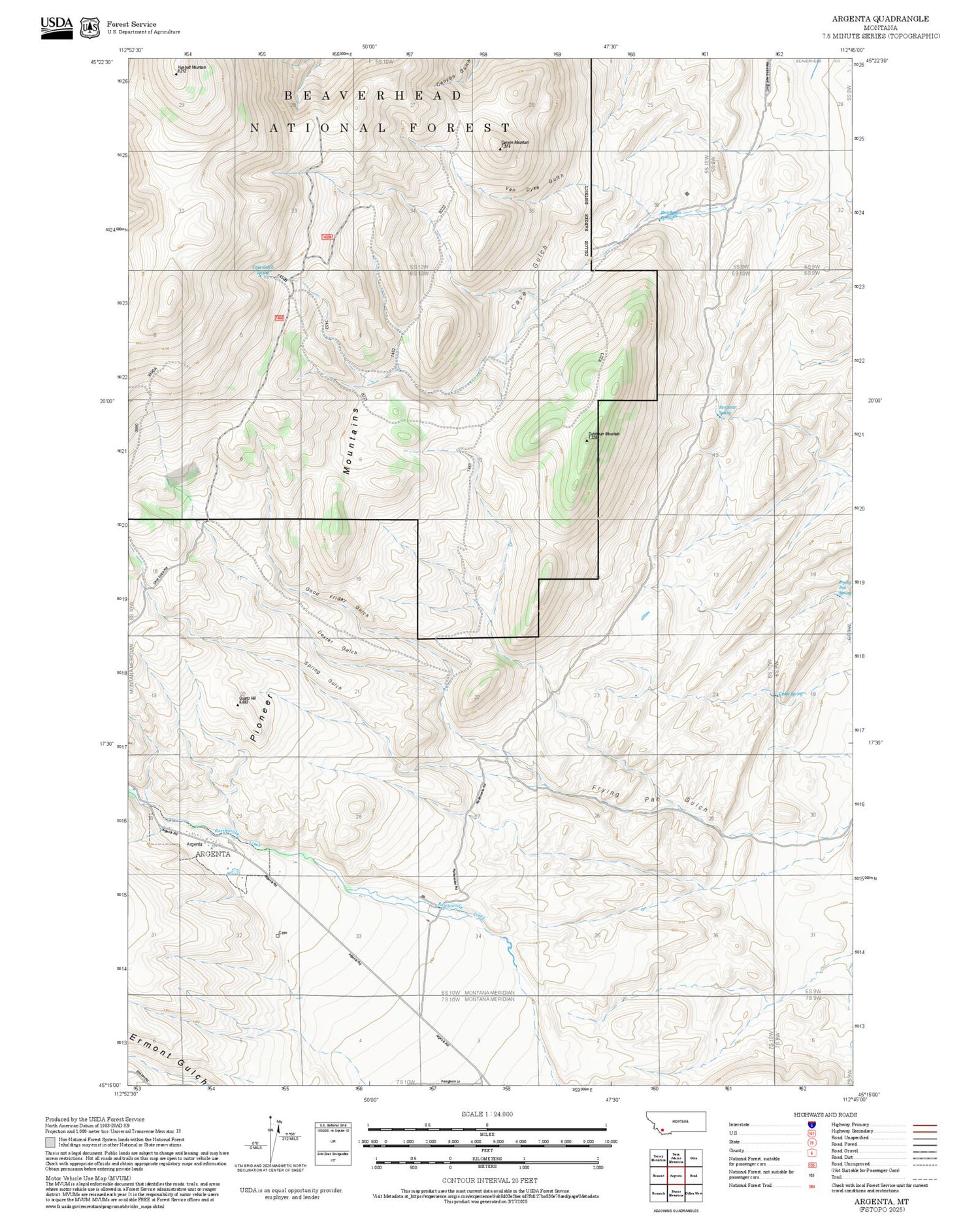 2025 Forest Service Topo Map of Argenta Montana
