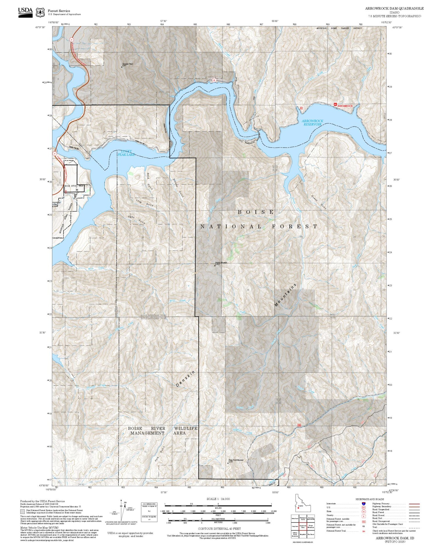 2025 Forest Service Topo Map of Arrowrock Dam Idaho