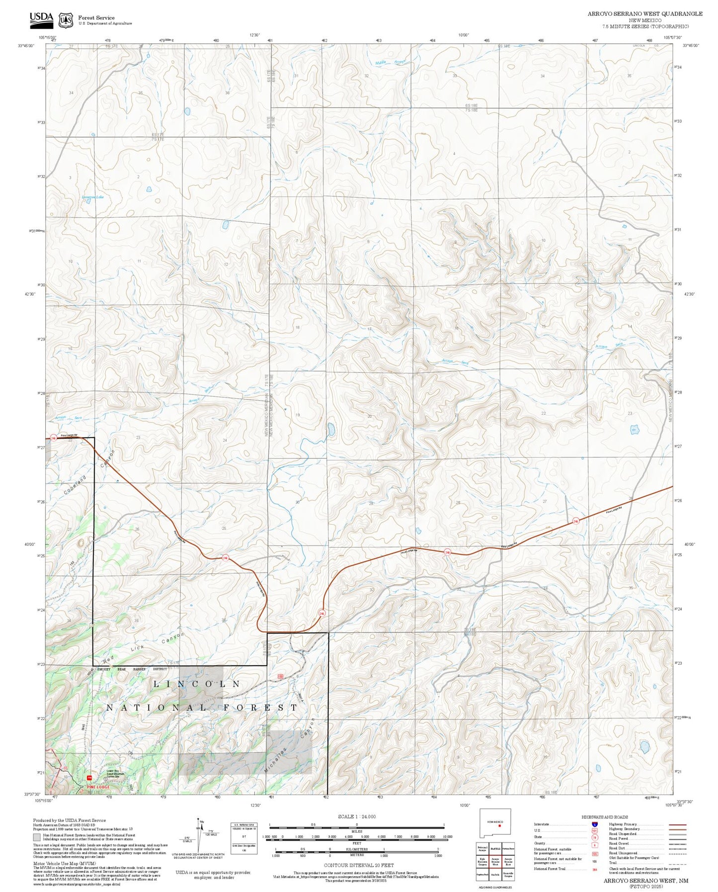 2025 Forest Service Topo Map of Arroyo Serrano West New Mexico