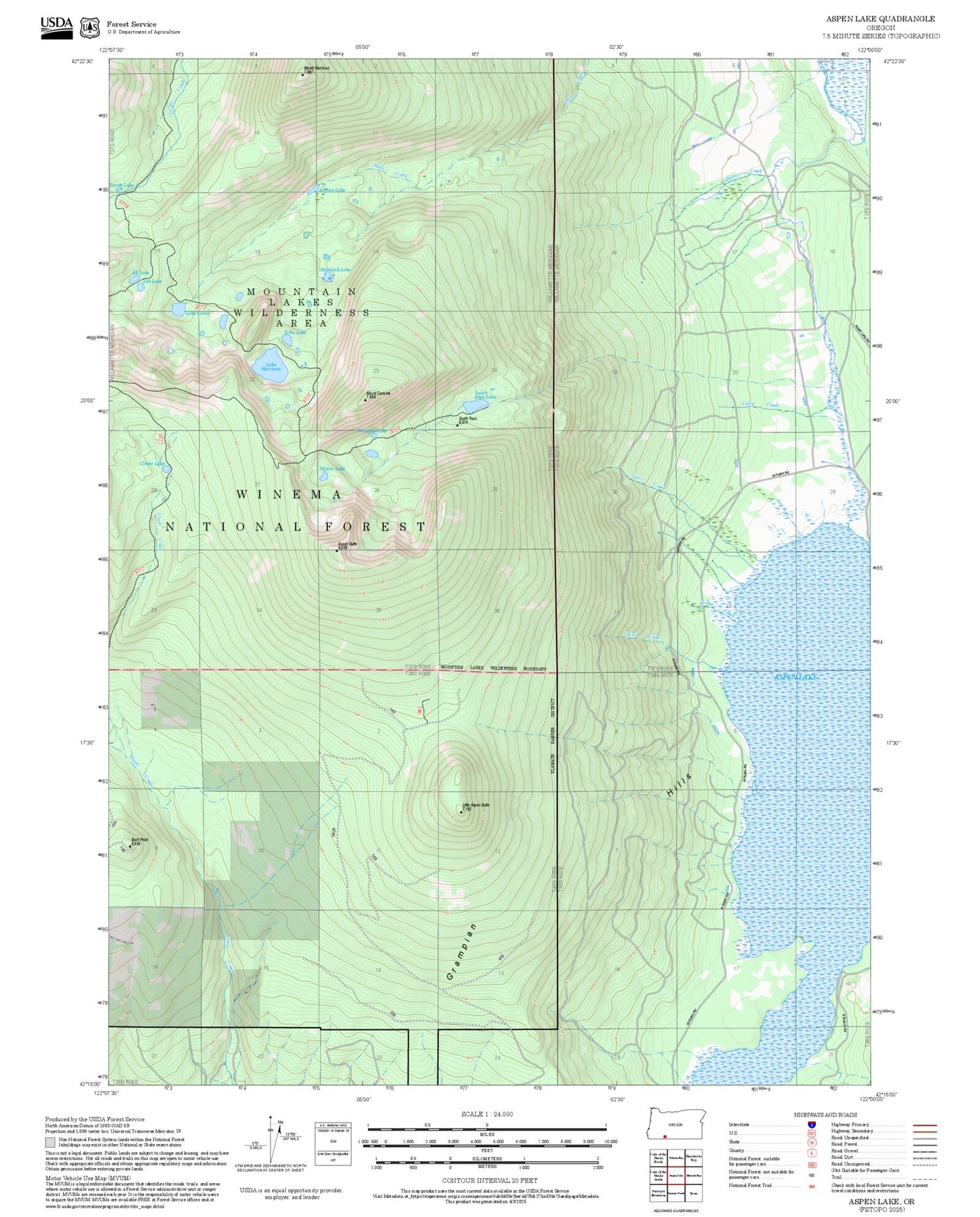 2025 Forest Service Topo Map of Aspen Lake Oregon