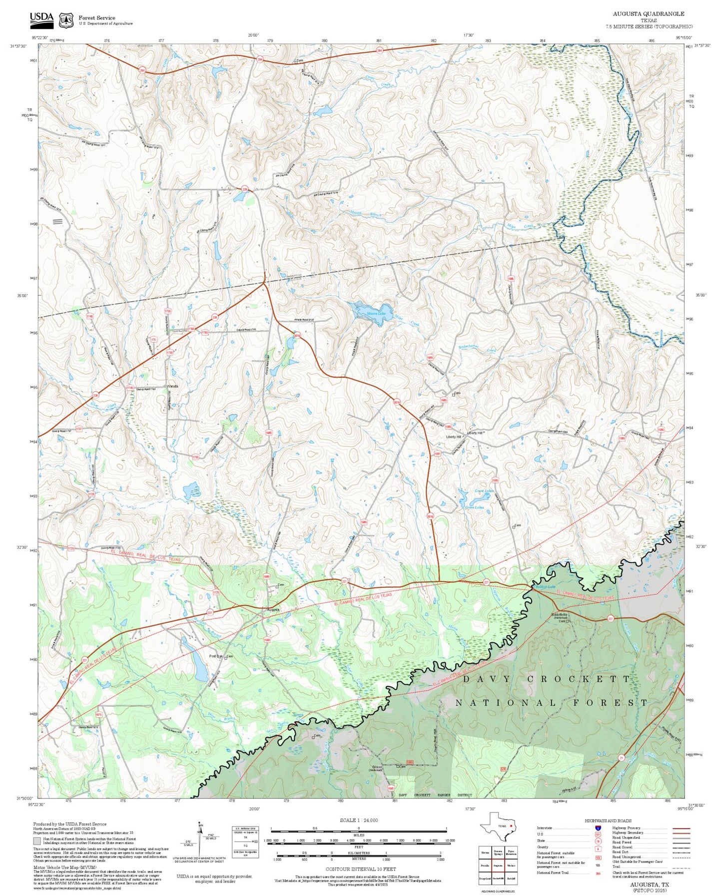 2025 Forest Service Topo Map of Augusta Texas