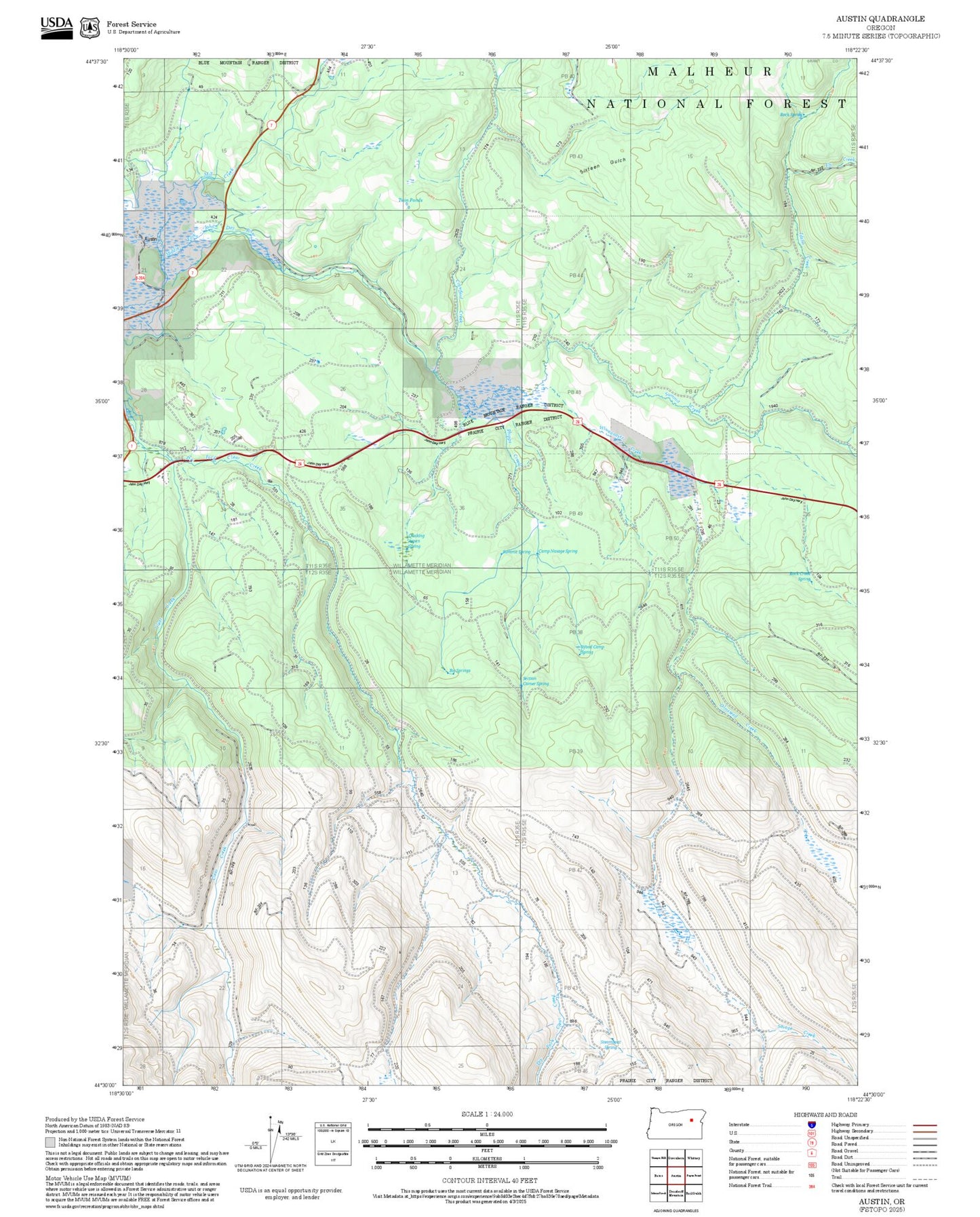 2025 Forest Service Topo Map of Austin Oregon
