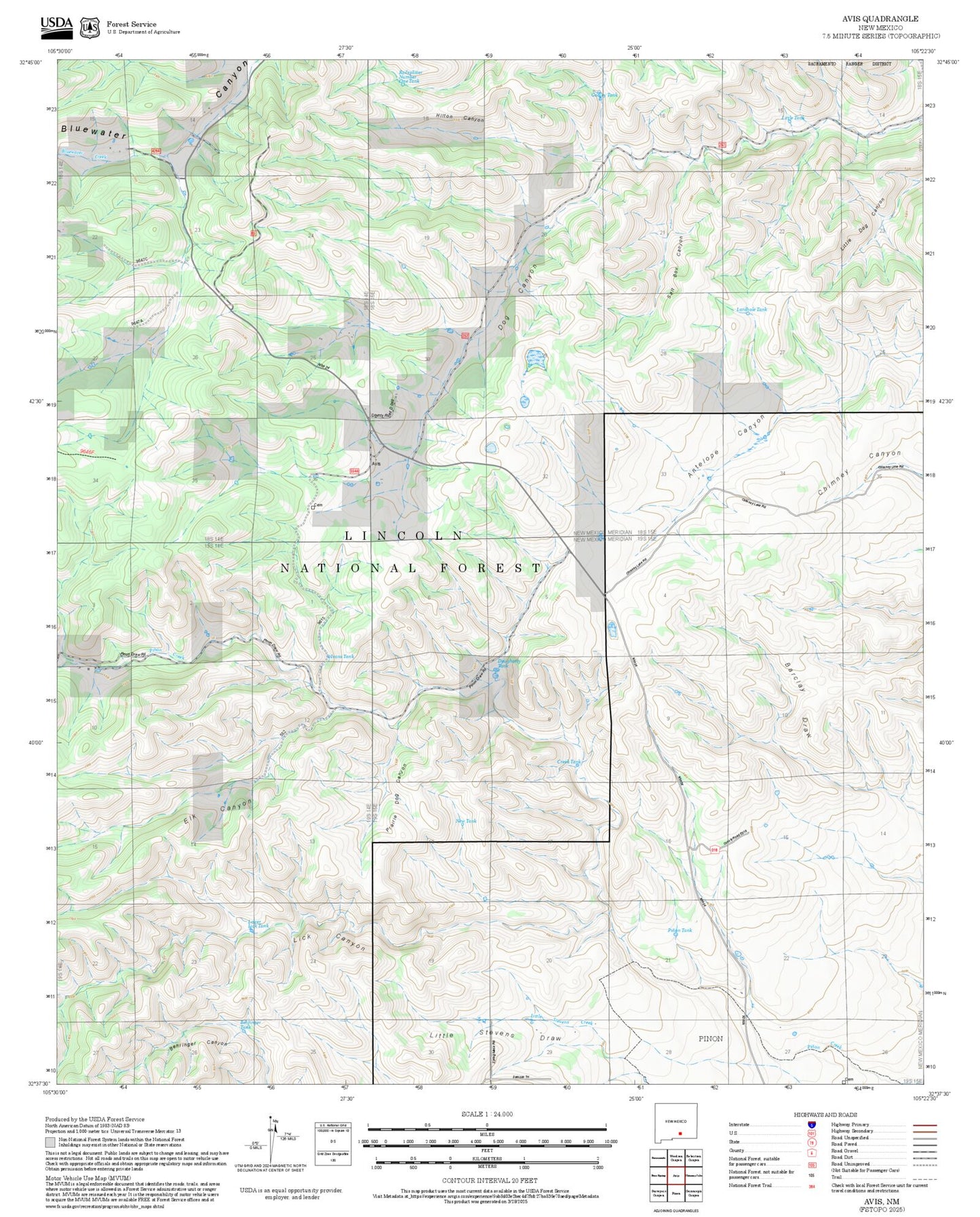 2025 Forest Service Topo Map of Avis New Mexico