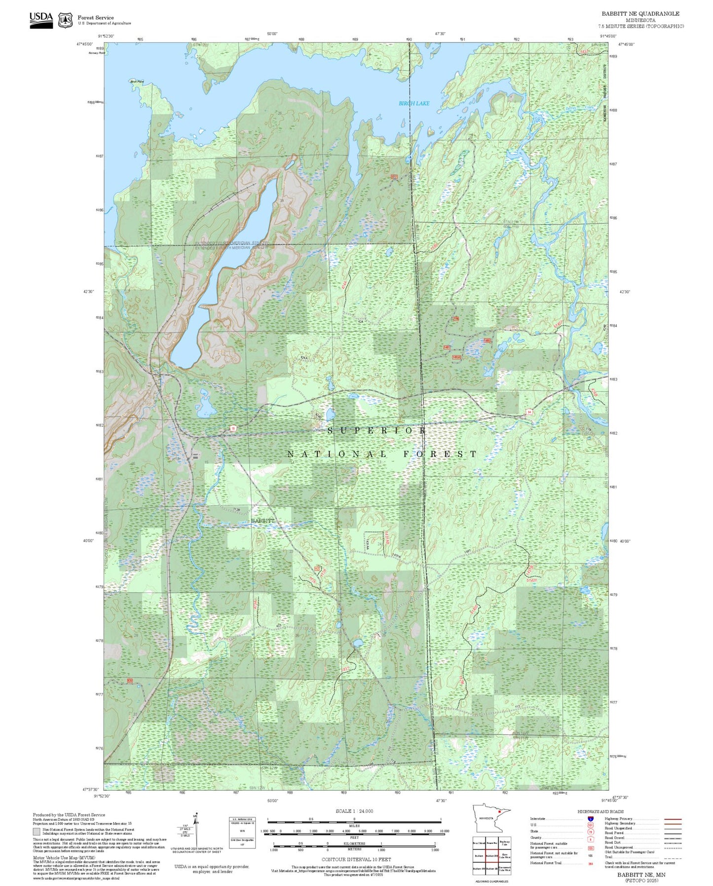 2025 Forest Service Topo Map of Babbitt NE Minnesota