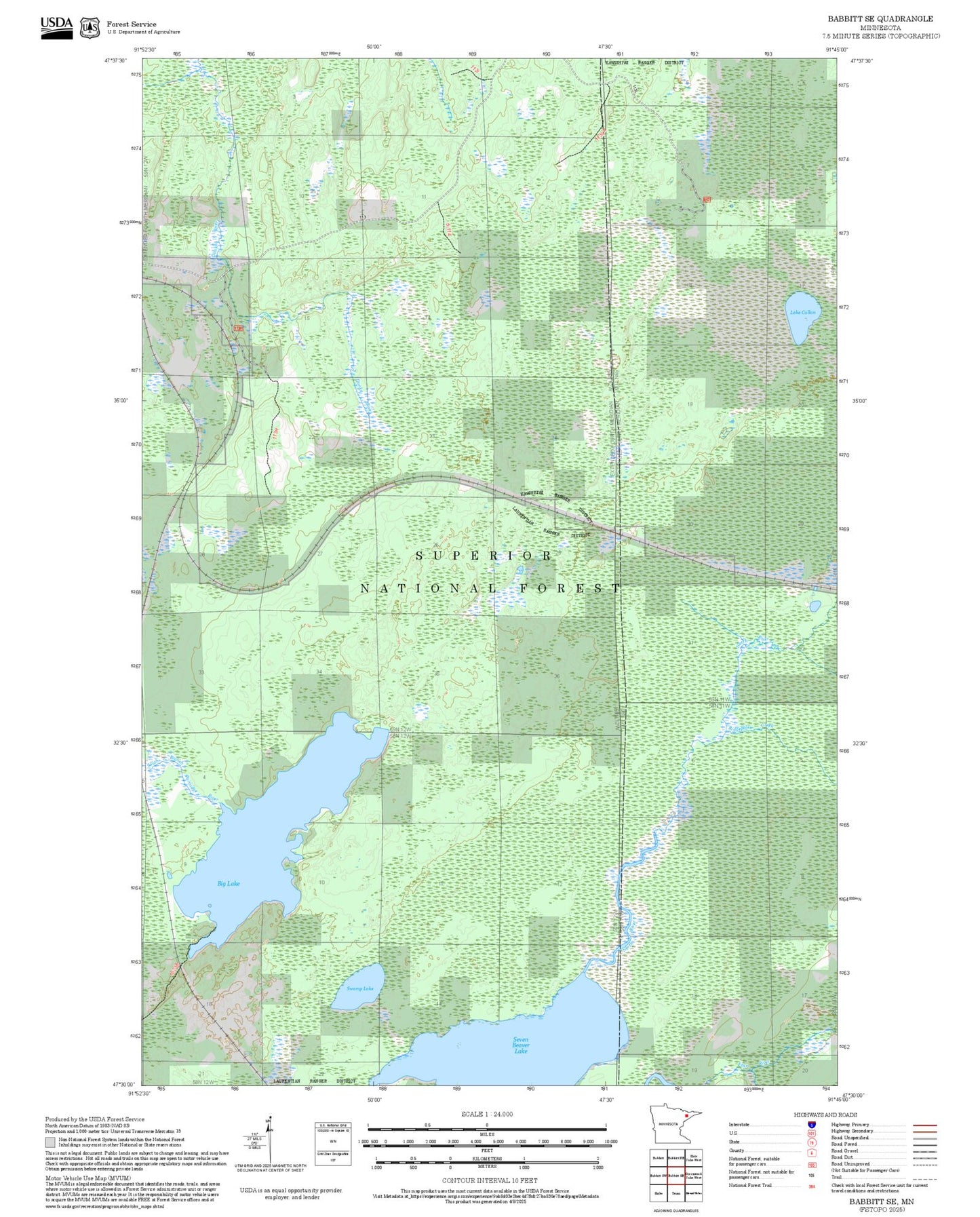 2025 Forest Service Topo Map of Babbitt SE Minnesota