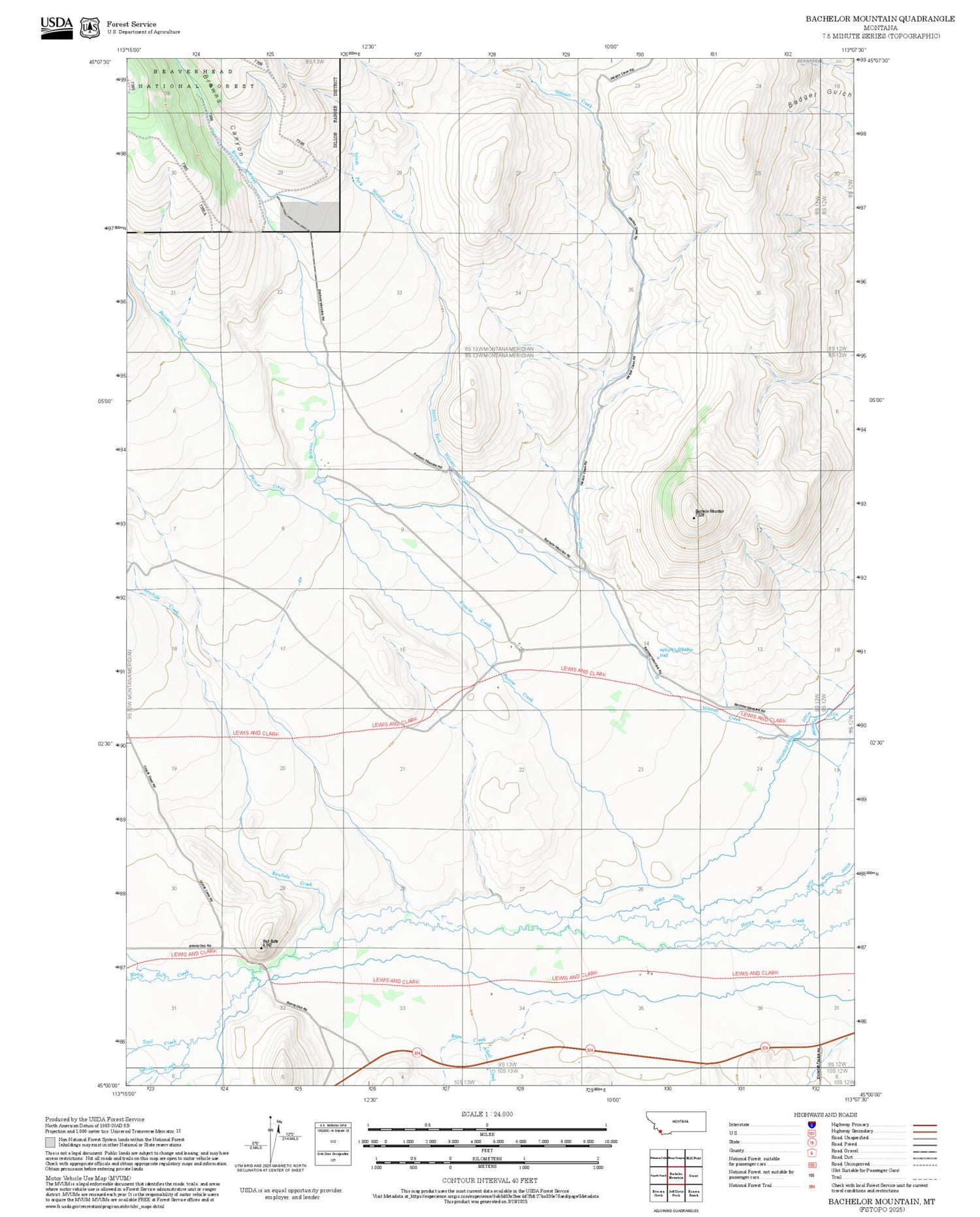 2025 Forest Service Topo Map of Bachelor Mountain Montana
