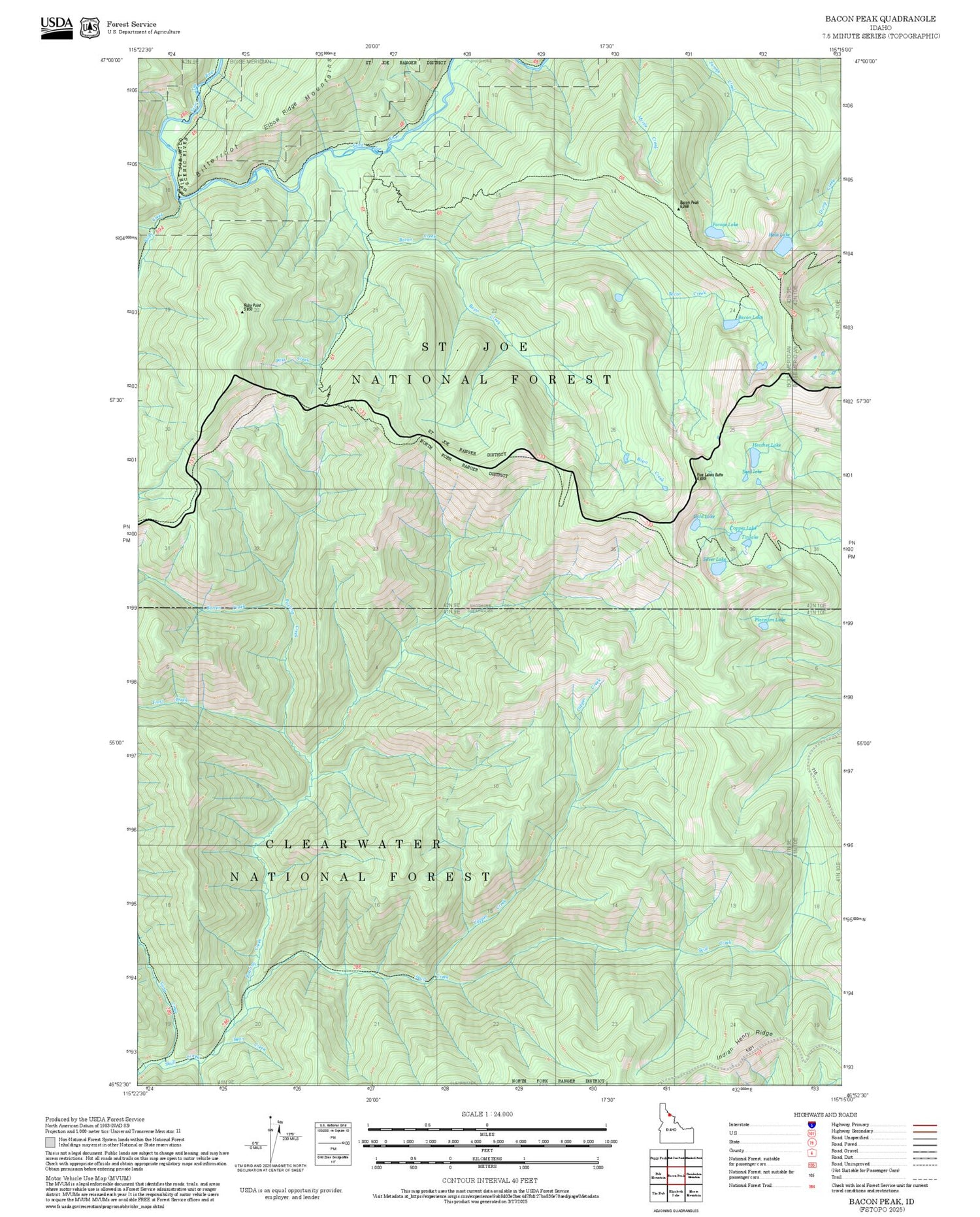2025 Forest Service Topo Map of Bacon Peak Idaho