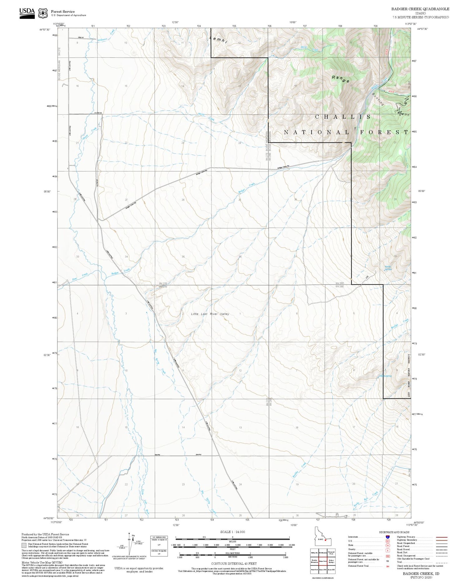 2025 Forest Service Topo Map of Badger Creek Idaho