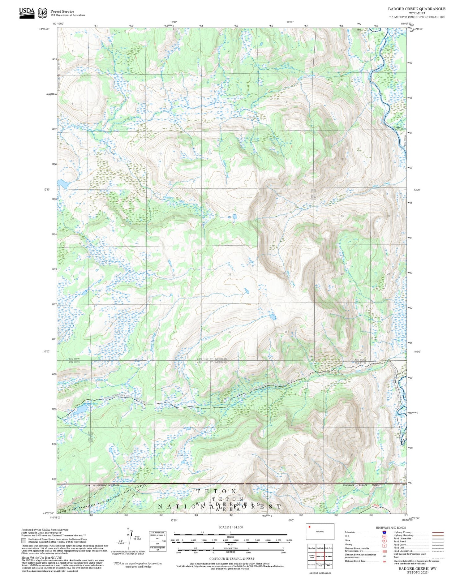 2025 Forest Service Topo Map of Badger Creek Wyoming