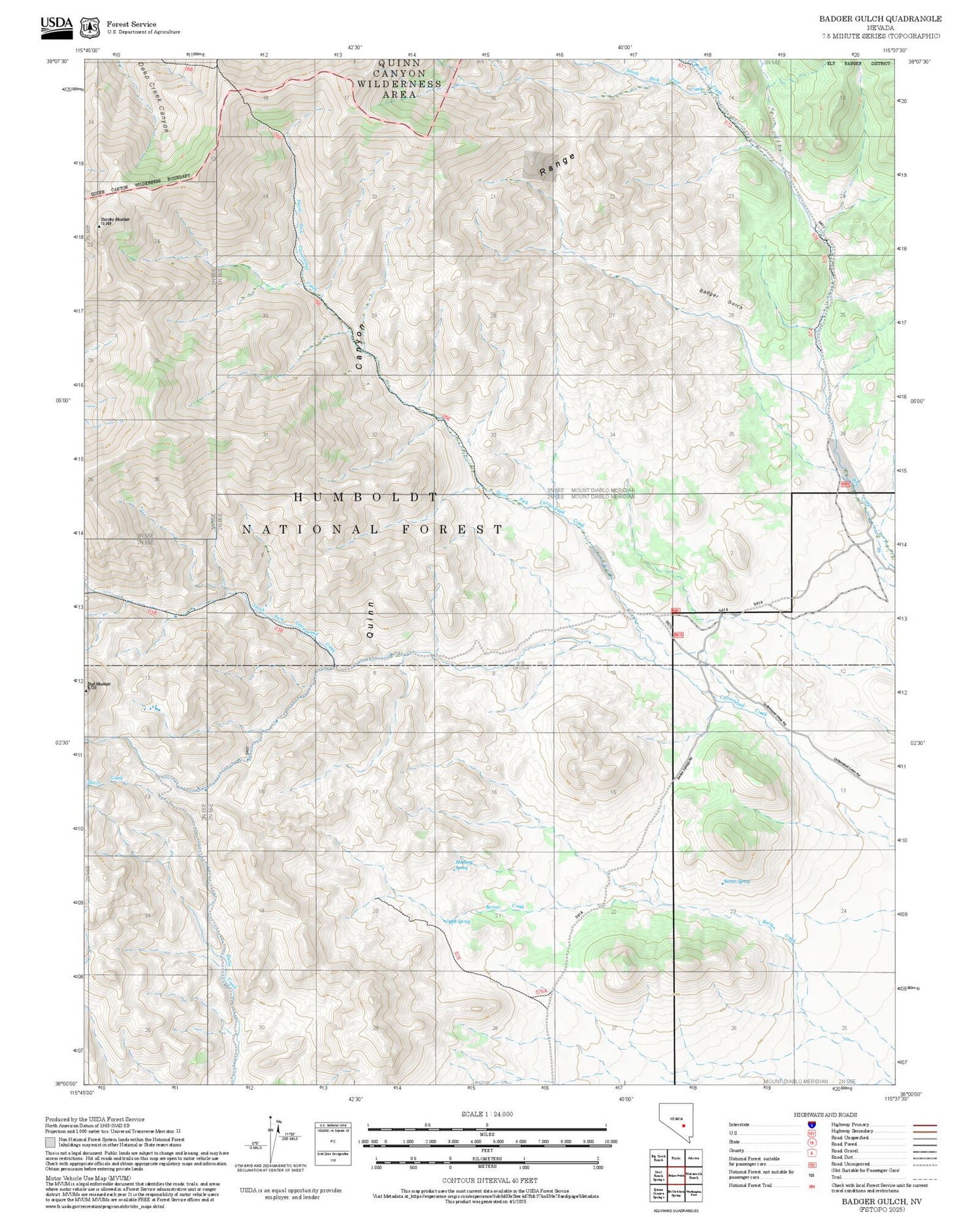 2025 Forest Service Topo Map of Badger Gulch Nevada