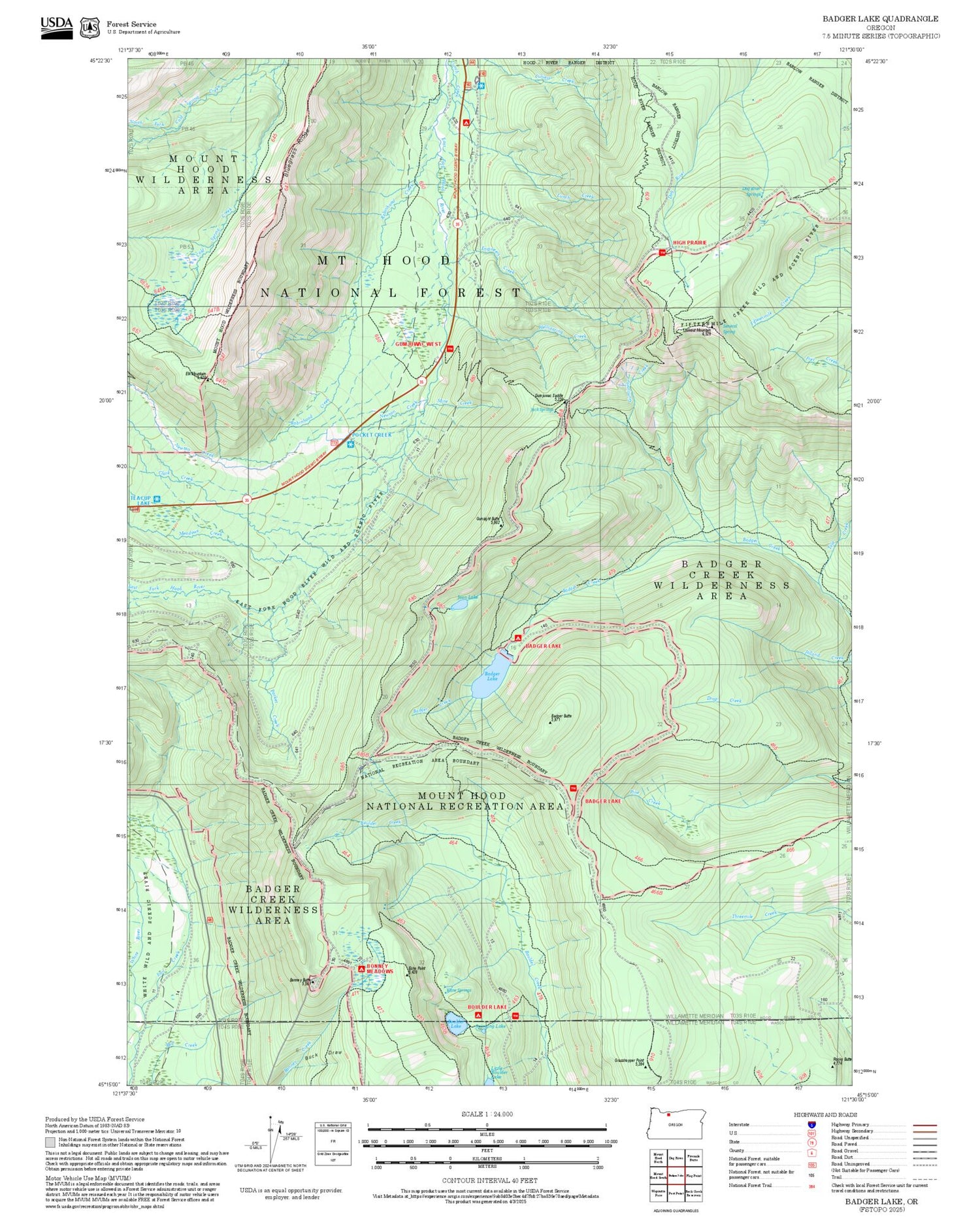 2025 Forest Service Topo Map of Badger Lake Oregon