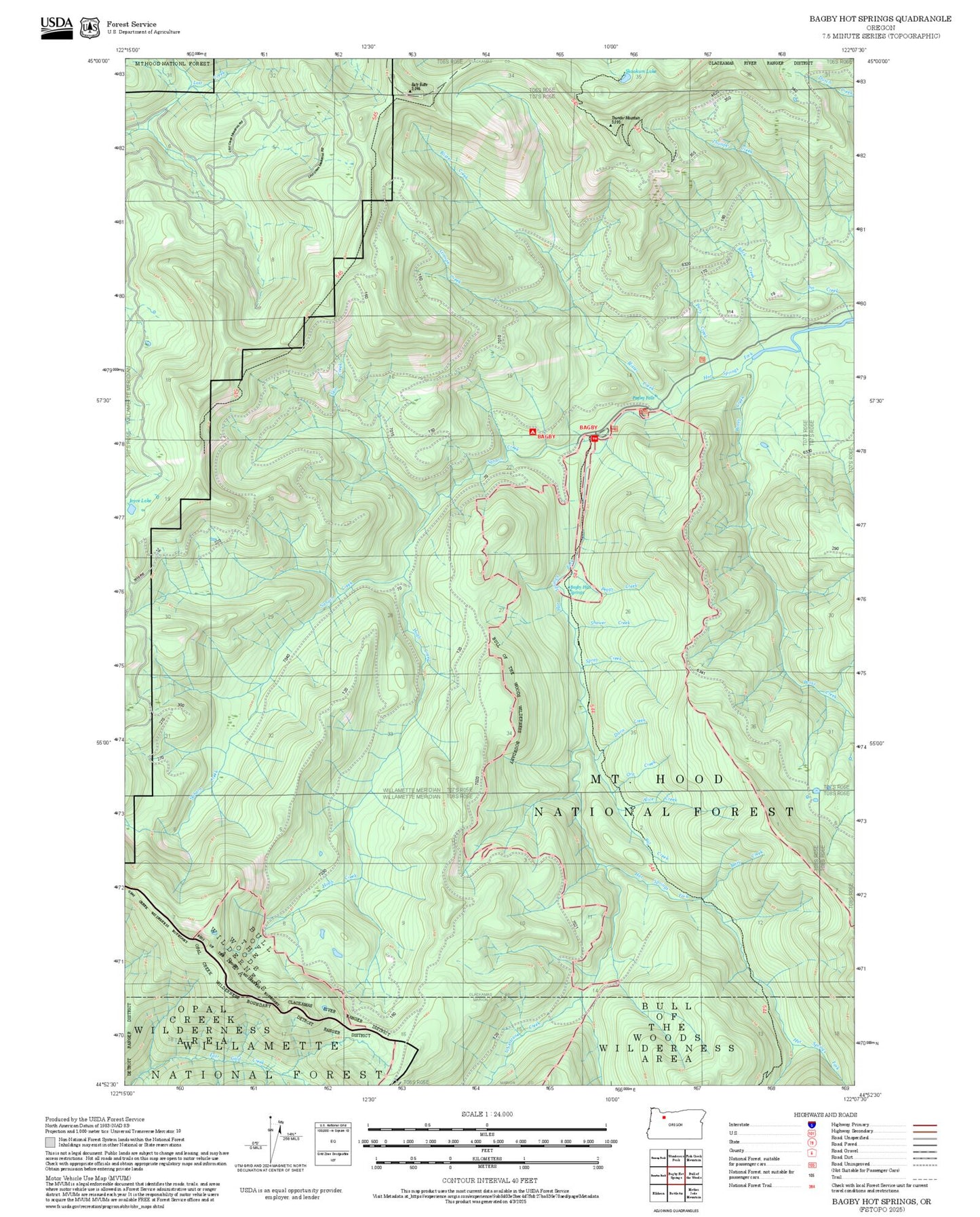 2025 Forest Service Topo Map of Bagby Hot Springs Oregon