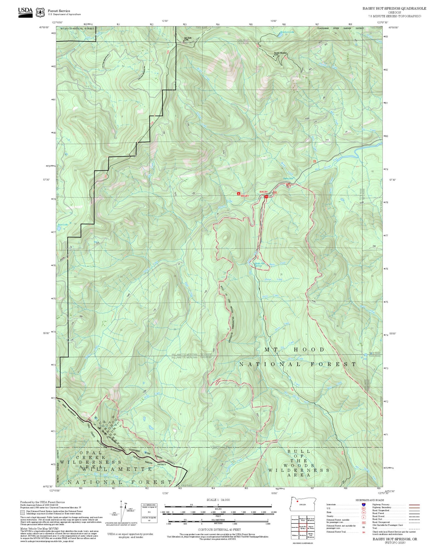 2025 Forest Service Topo Map of Bagby Hot Springs Oregon