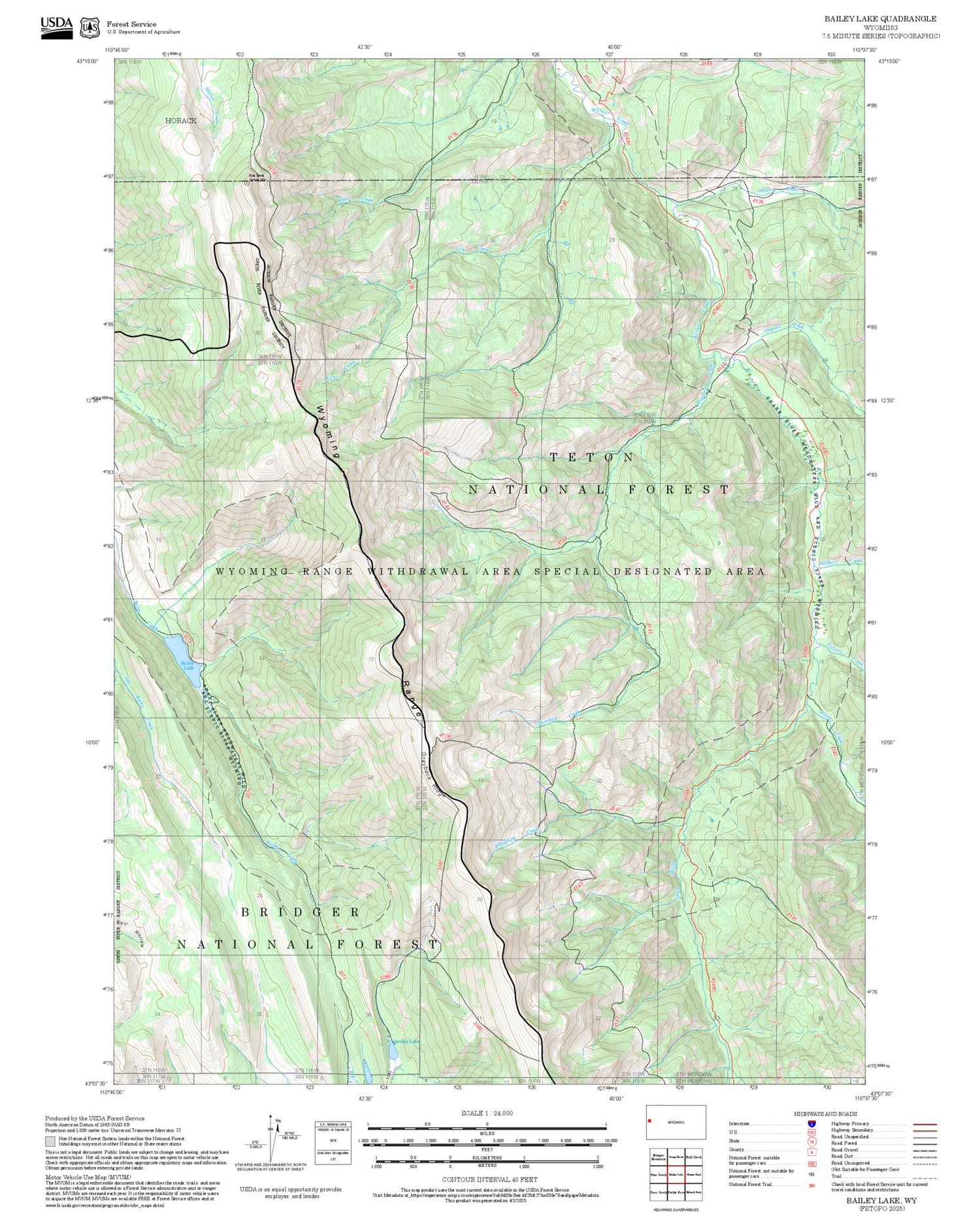 2025 Forest Service Topo Map of Bailey Lake Wyoming