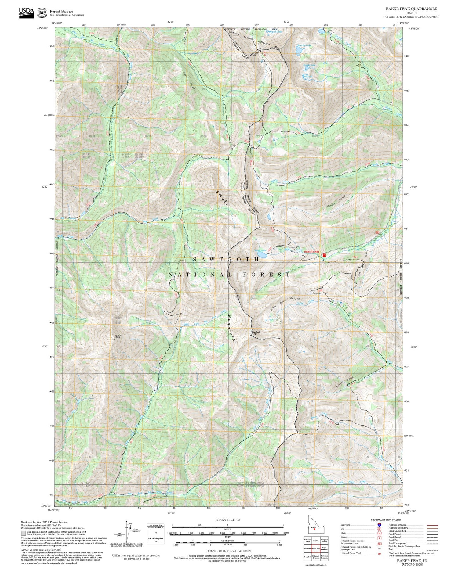 2025 Forest Service Topo Map of Baker Peak Idaho