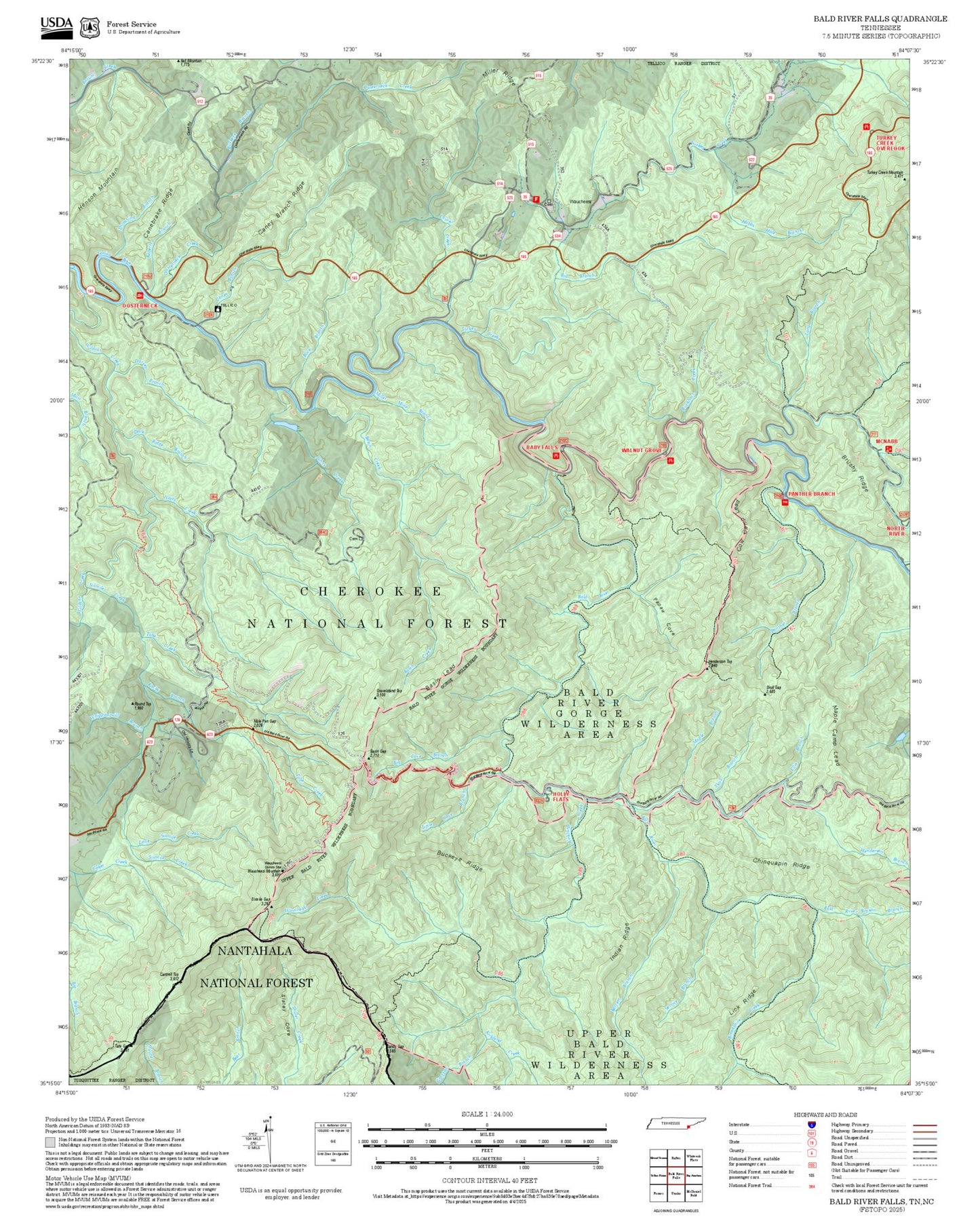 2025 Forest Service Topo Map of Bald River Falls Tennessee