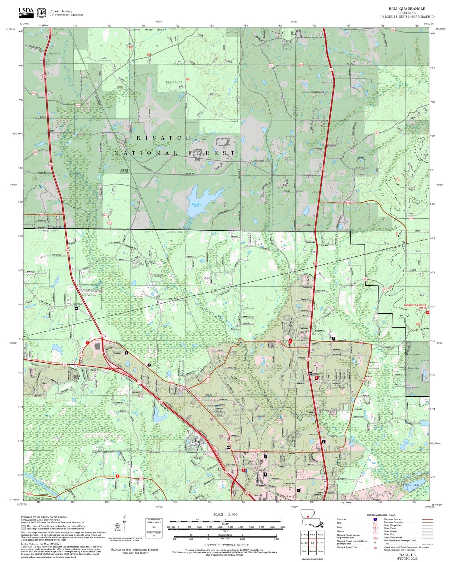 2025 Forest Service Topo Map of Ball Louisiana