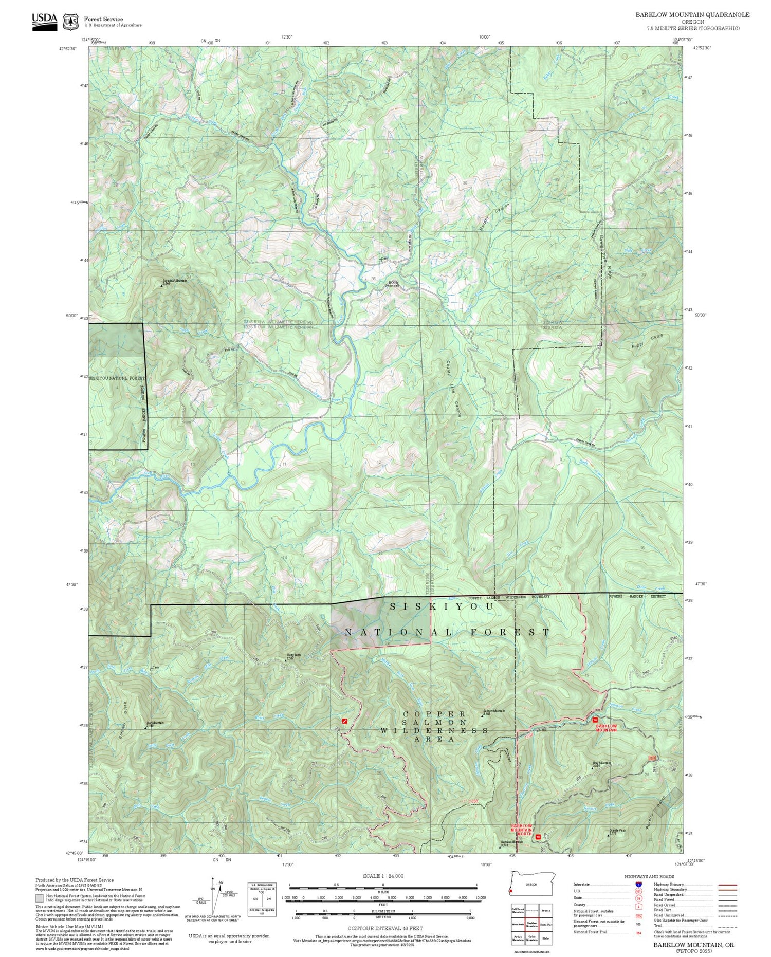 2025 Forest Service Topo Map of Barklow Mountain Oregon