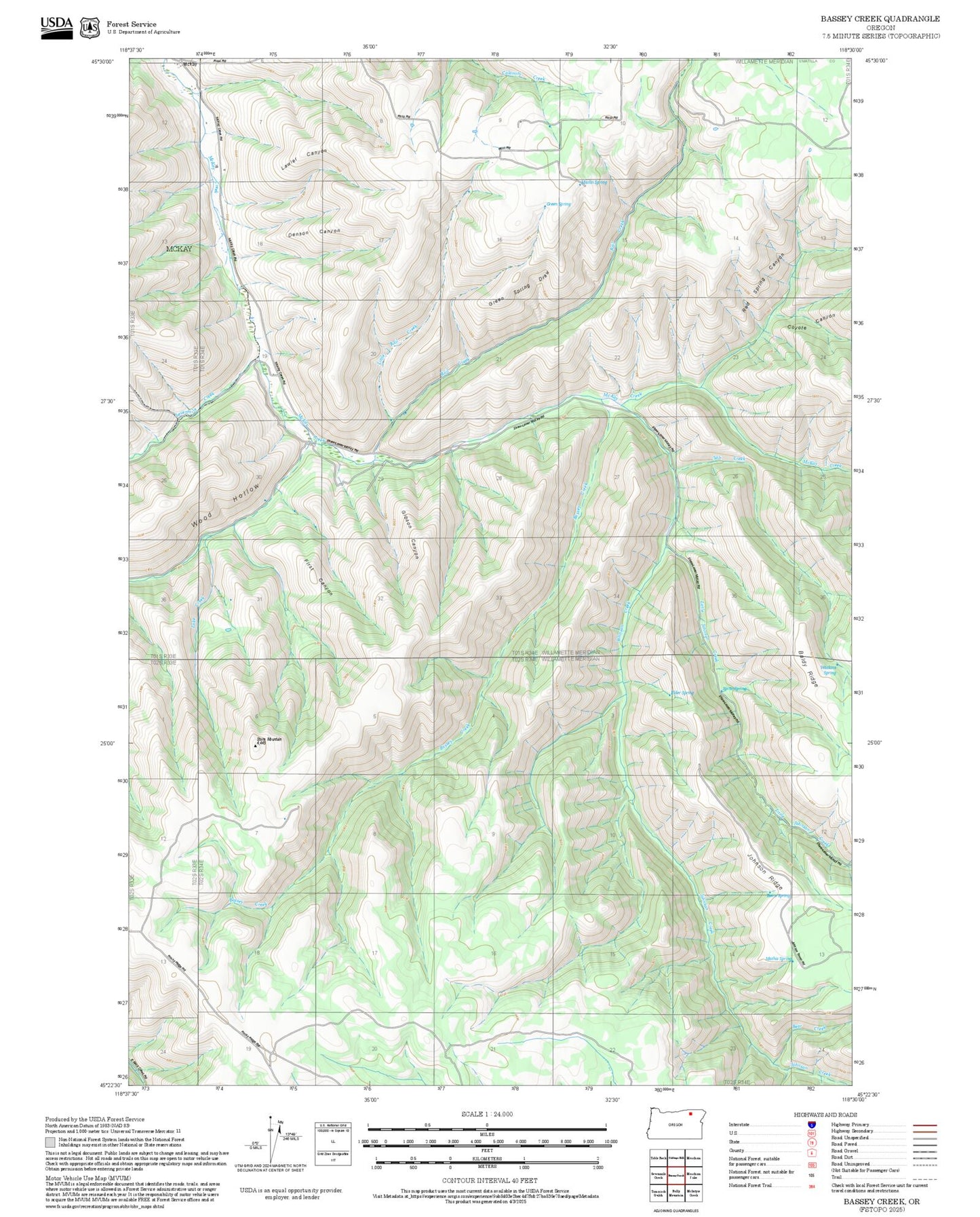 2025 Forest Service Topo Map of Bassey Creek Oregon