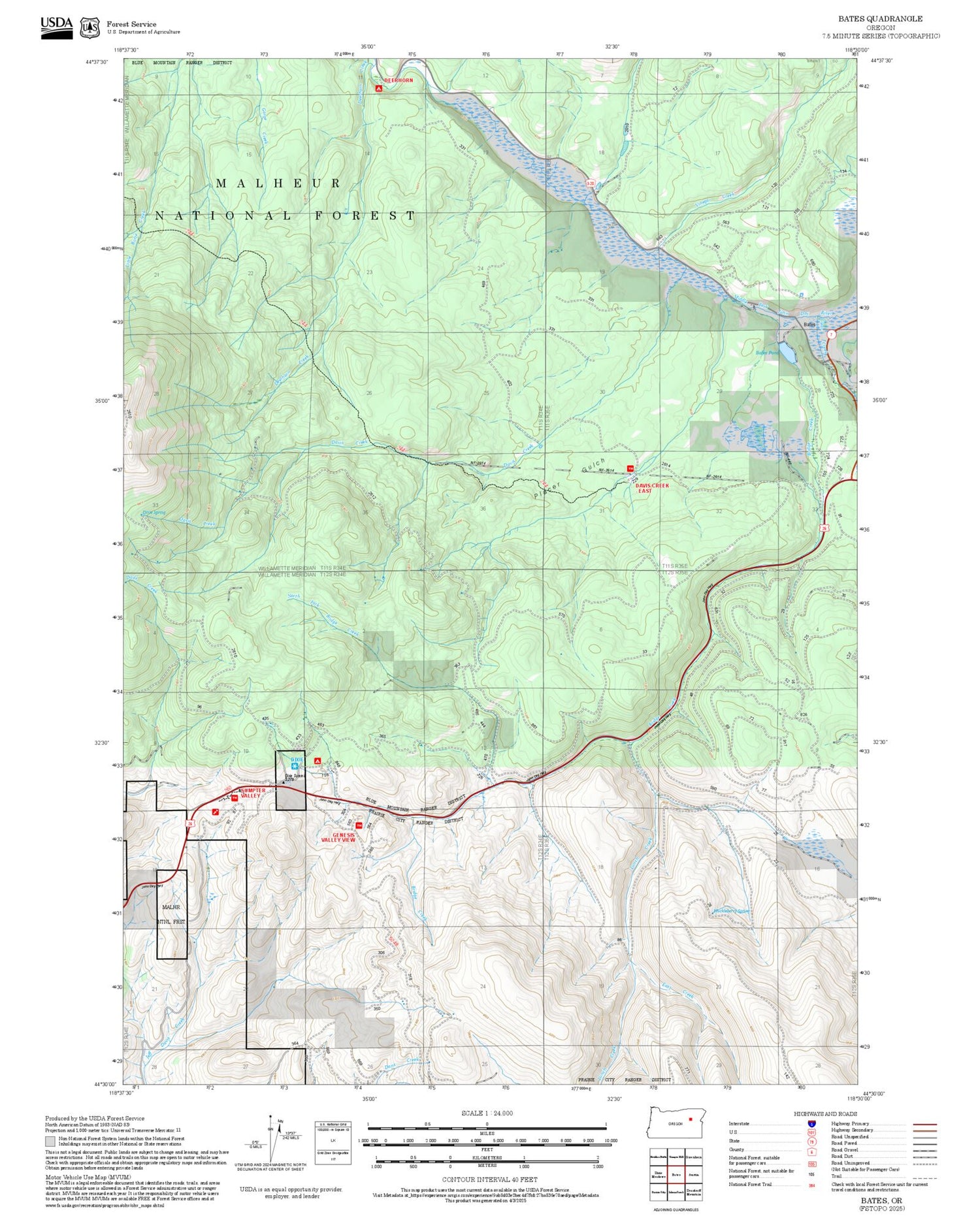 2025 Forest Service Topo Map of Bates Oregon
