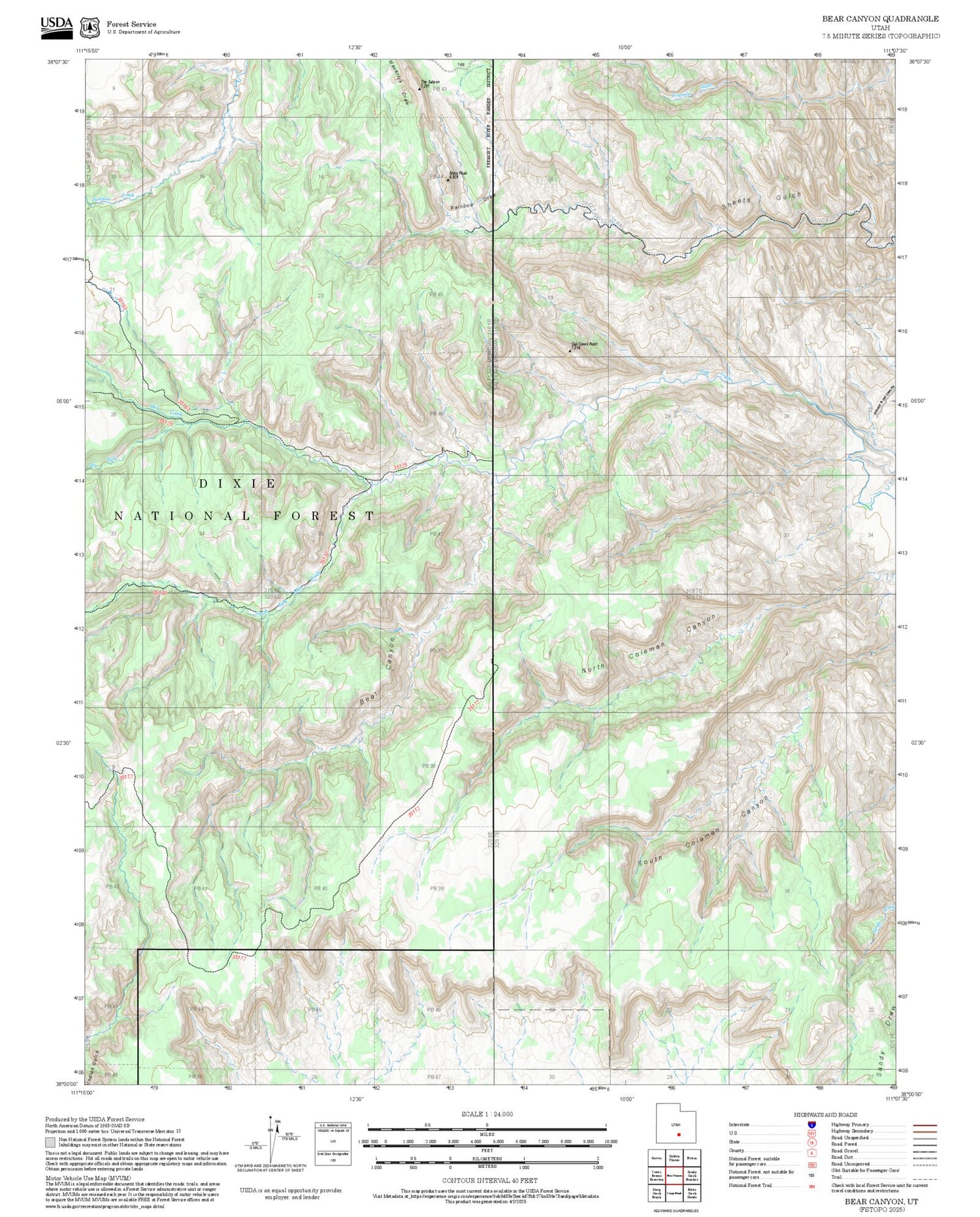2025 Forest Service Topo Map of Bear Canyon Utah