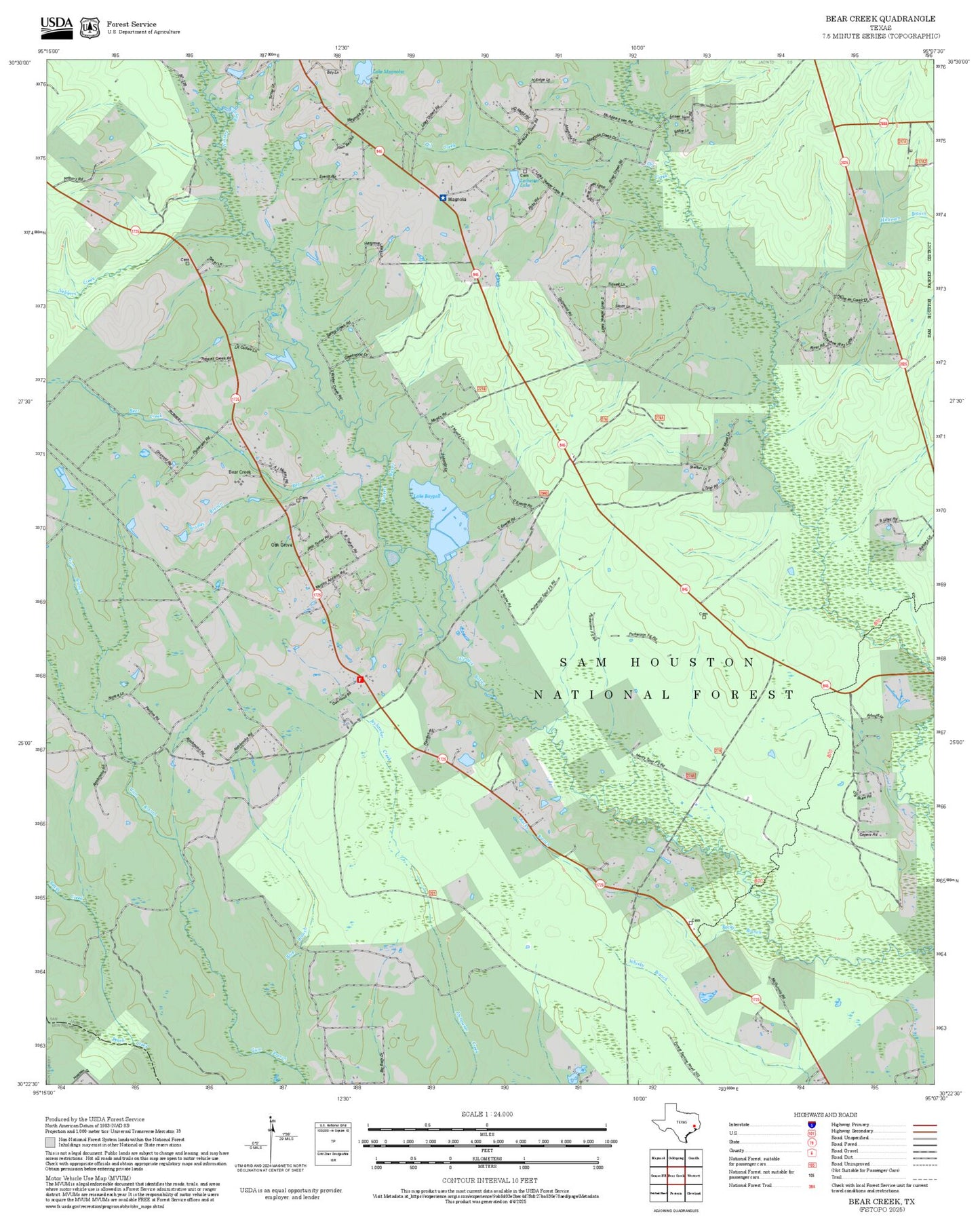 2025 Forest Service Topo Map of Bear Creek Texas