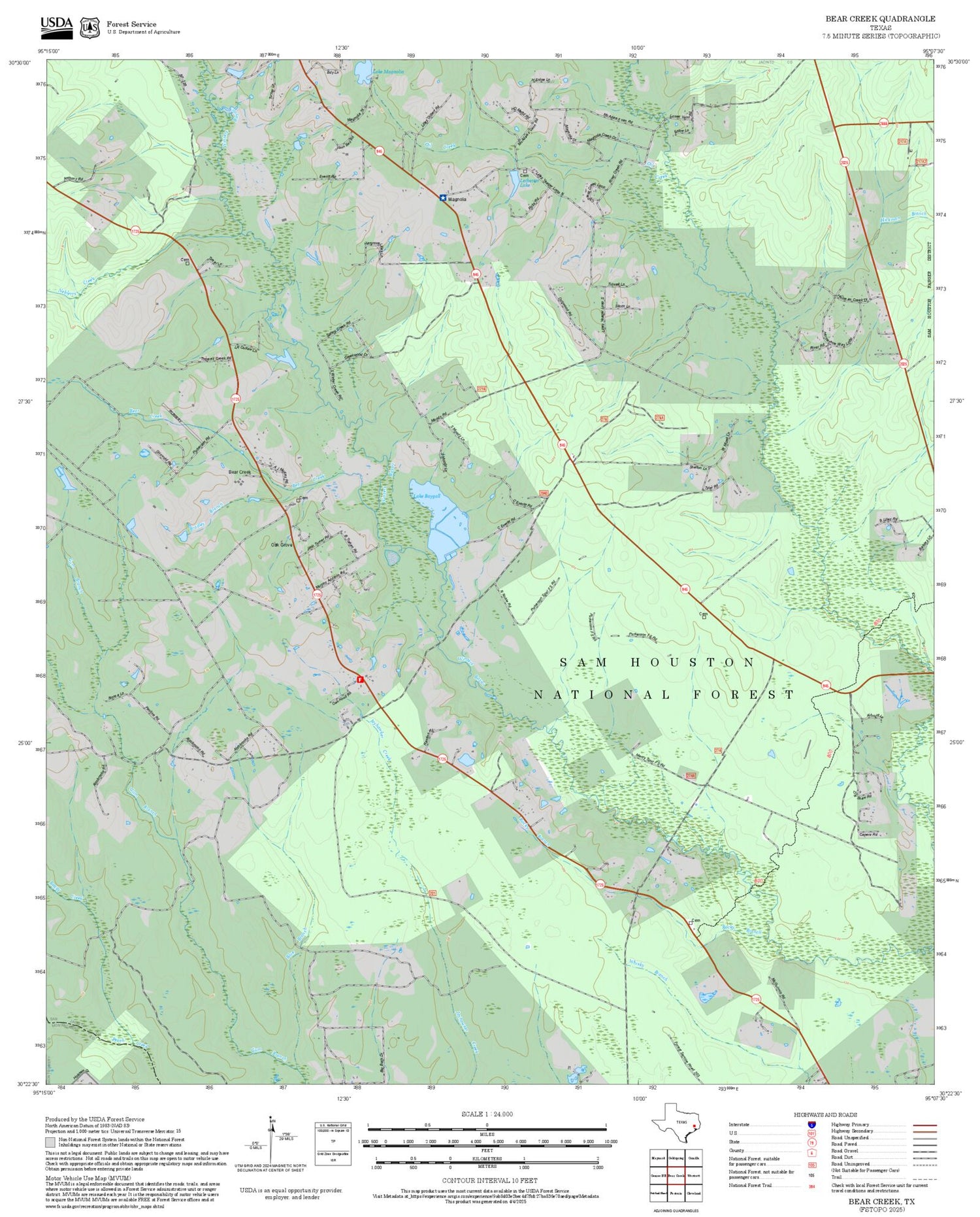 2025 Forest Service Topo Map of Bear Creek Texas