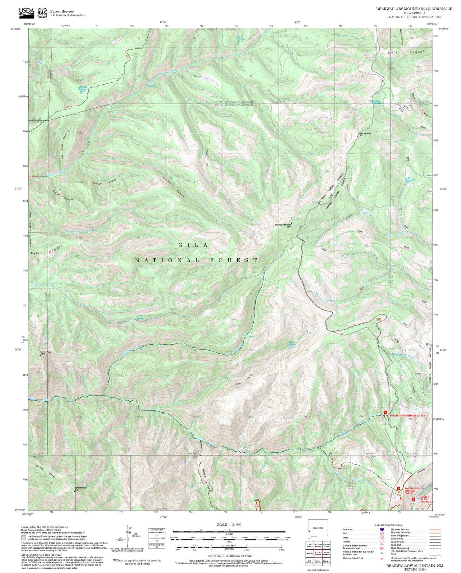 2025 Forest Service Topo Map of Bearwallow Mountain New Mexico