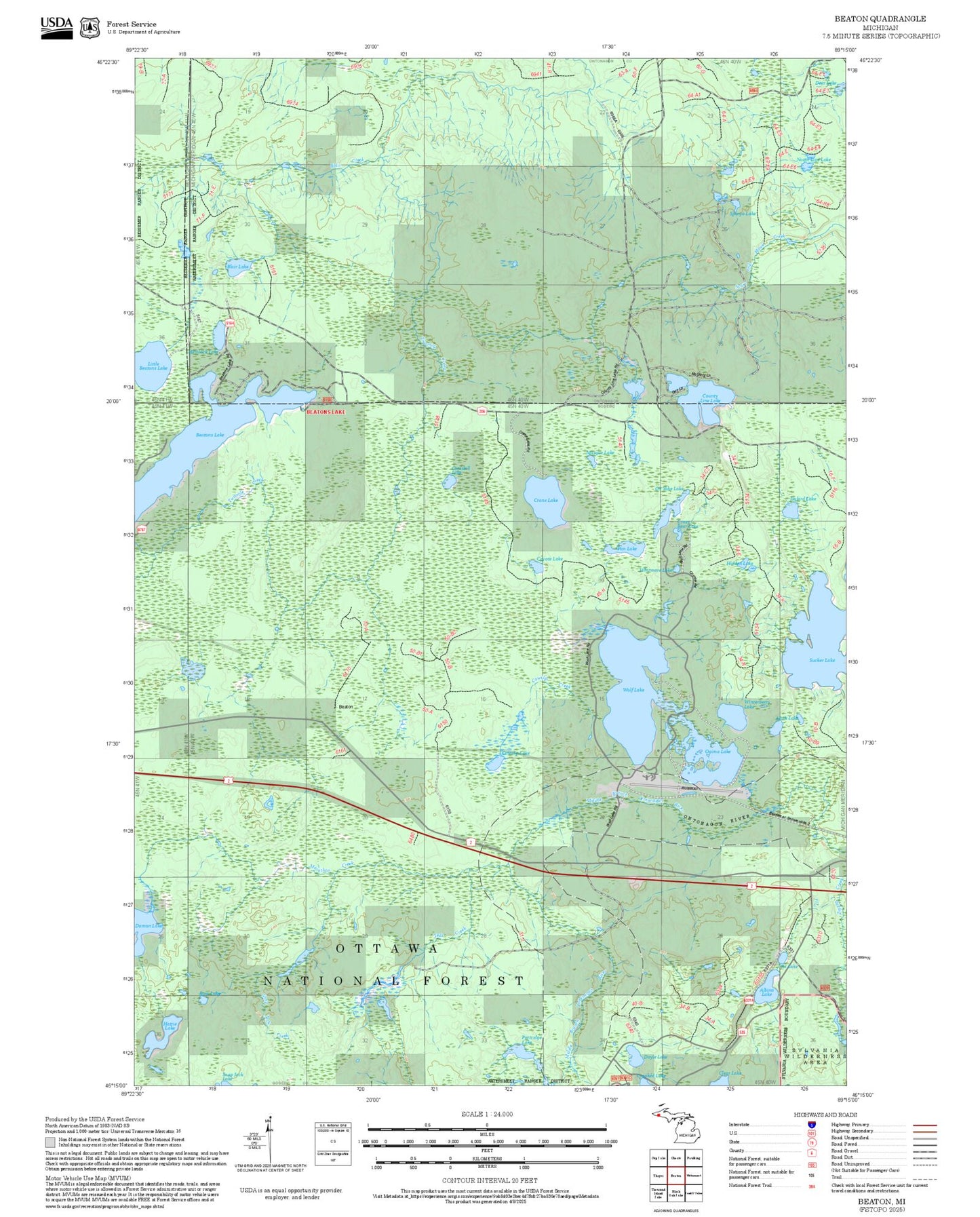 2025 Forest Service Topo Map of Beaton Michigan