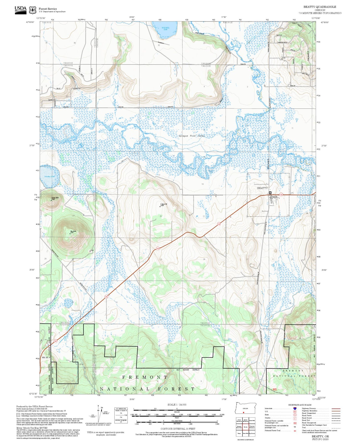 2025 Forest Service Topo Map of Beatty Oregon
