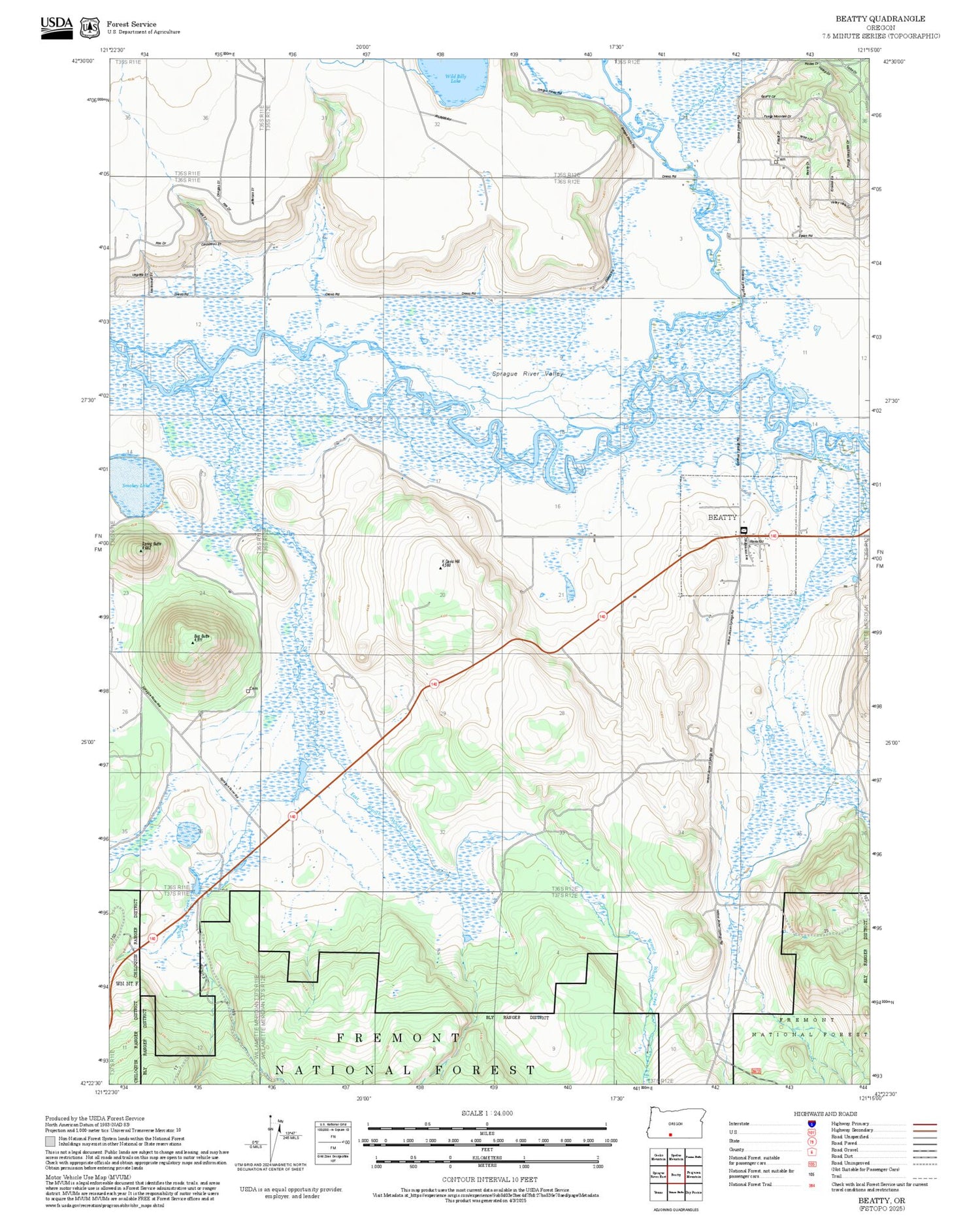 2025 Forest Service Topo Map of Beatty Oregon