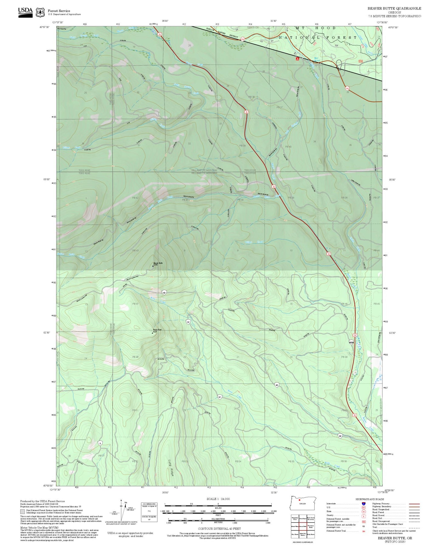 2025 Forest Service Topo Map of Beaver Butte Oregon
