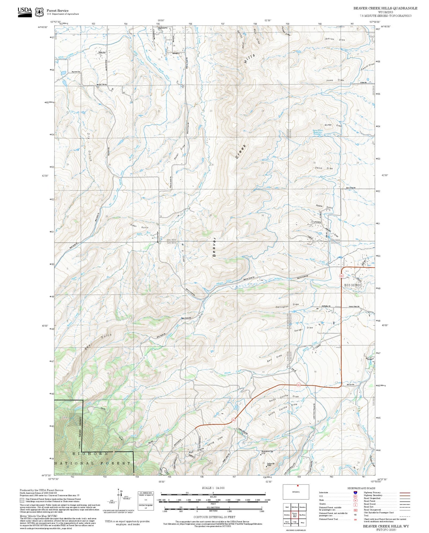 2025 Forest Service Topo Map of Beaver Creek Hills Wyoming
