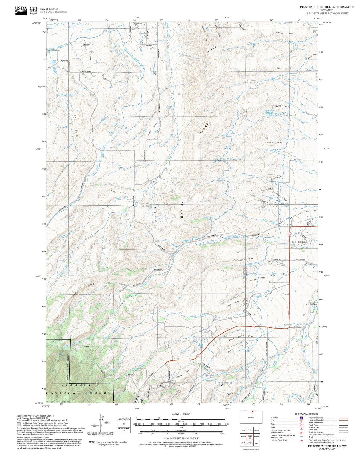 2025 Forest Service Topo Map of Beaver Creek Hills Wyoming