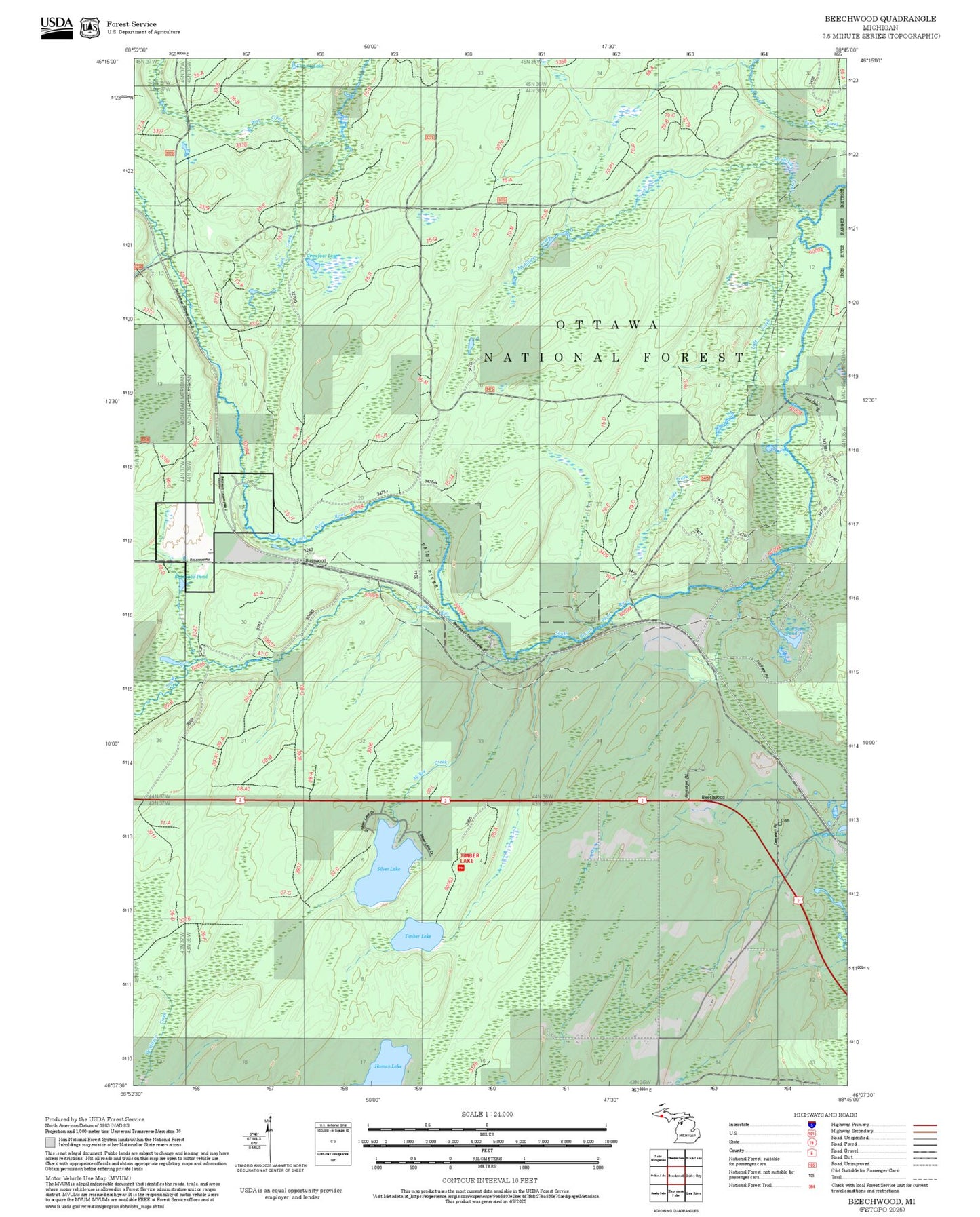 2025 Forest Service Topo Map of Beechwood Michigan