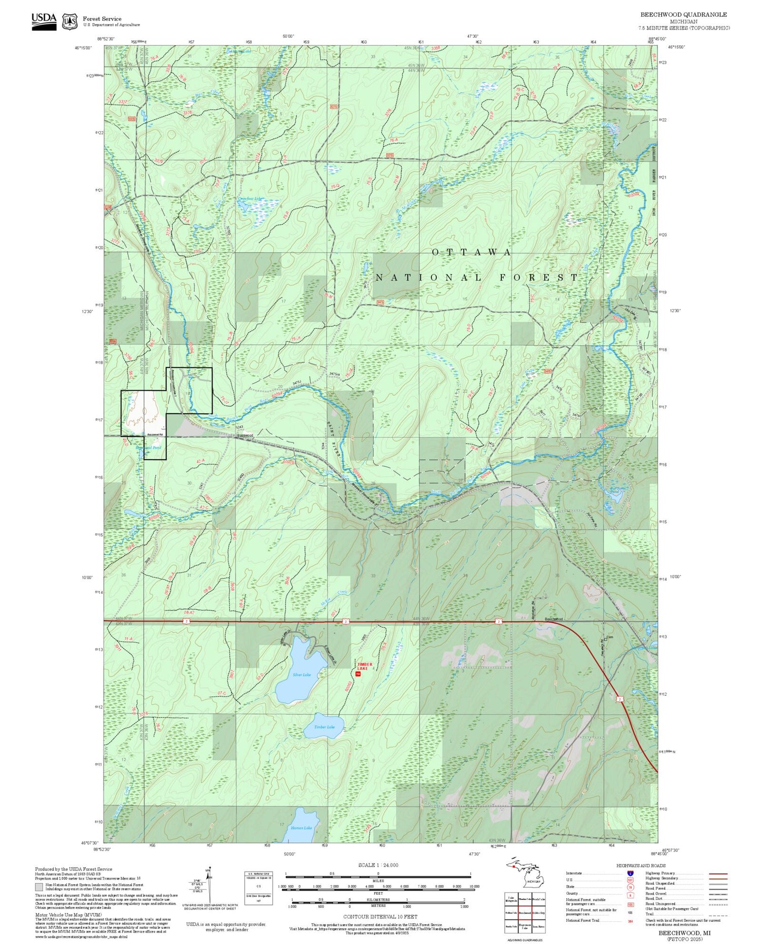 2025 Forest Service Topo Map of Beechwood Michigan